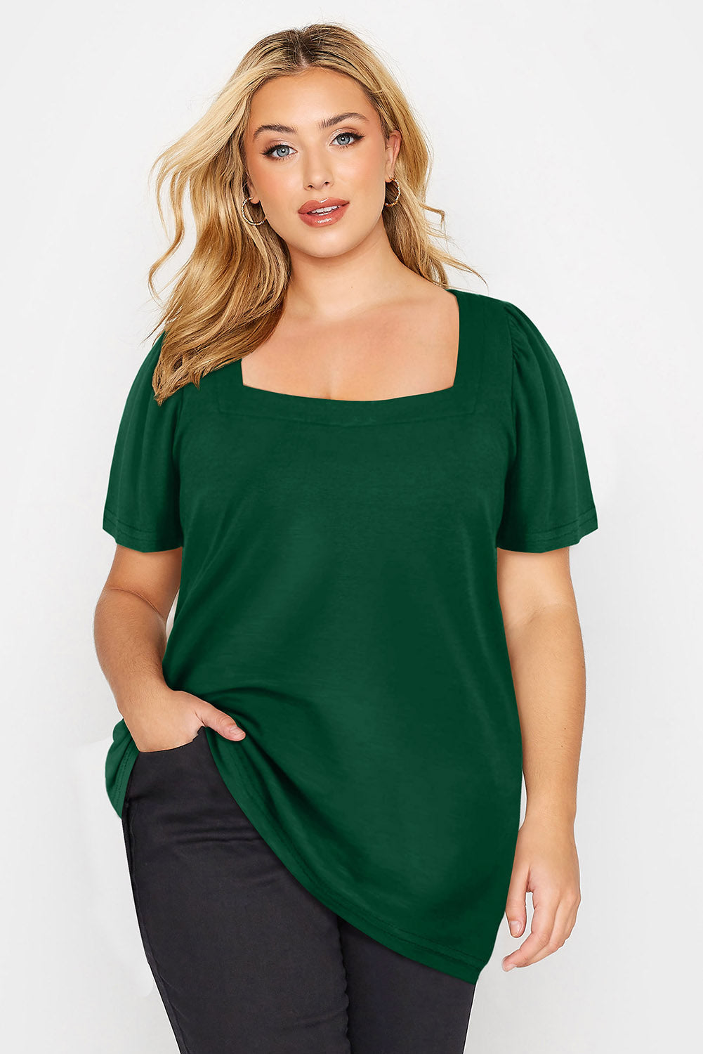 Black Plus Size Square Neck Ruched Shoulder Short Sleeve Top