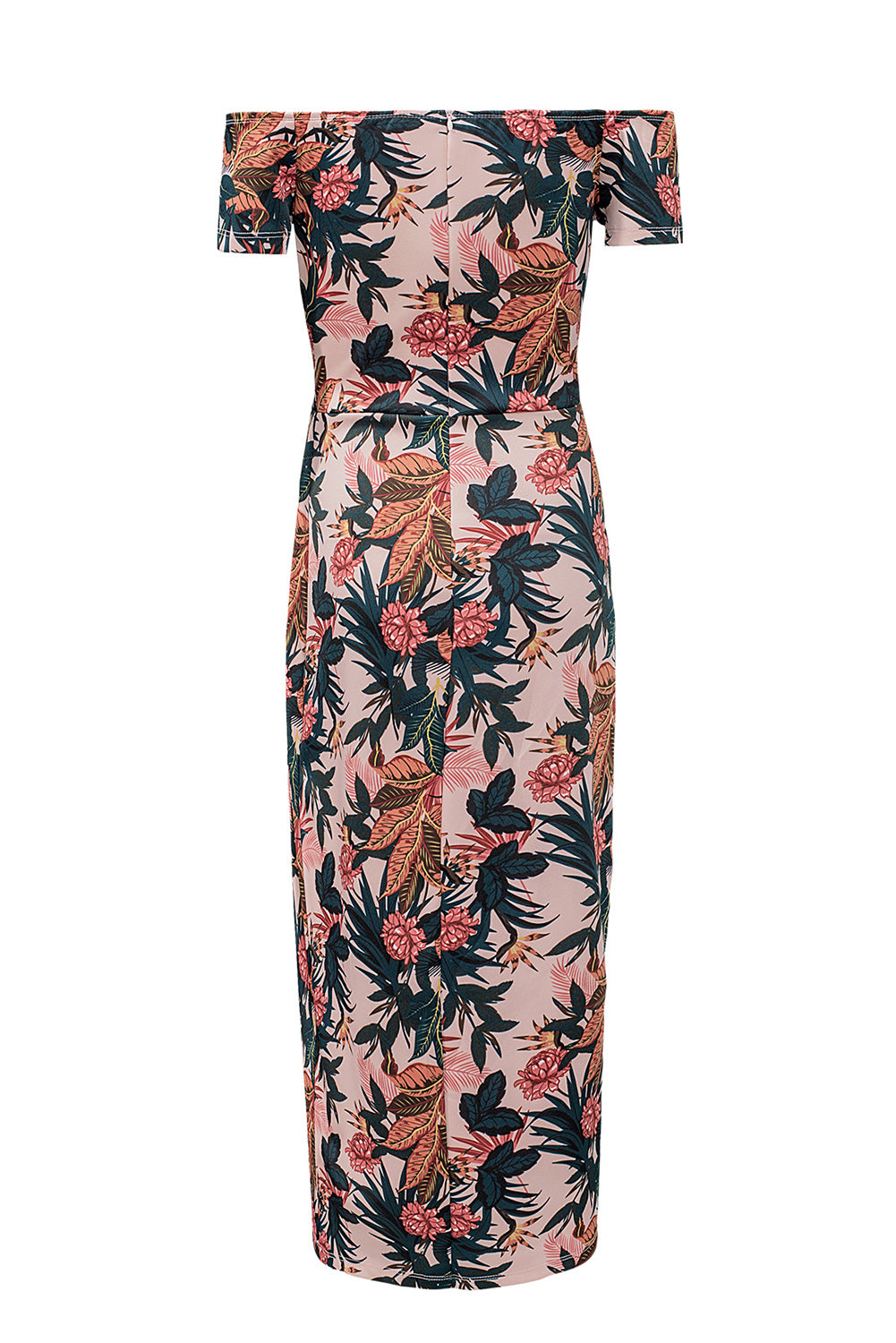 Pink Floral Print Off Shoulder Slit Bodycon Midi Dress