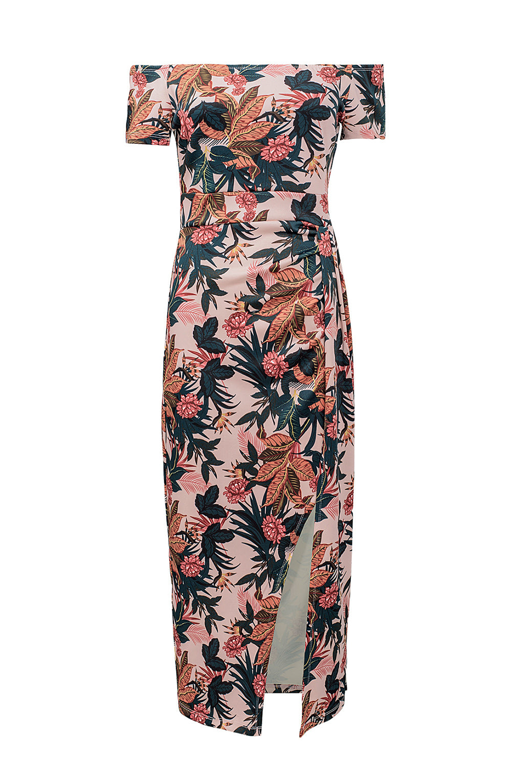 Pink Floral Print Off Shoulder Slit Bodycon Midi Dress