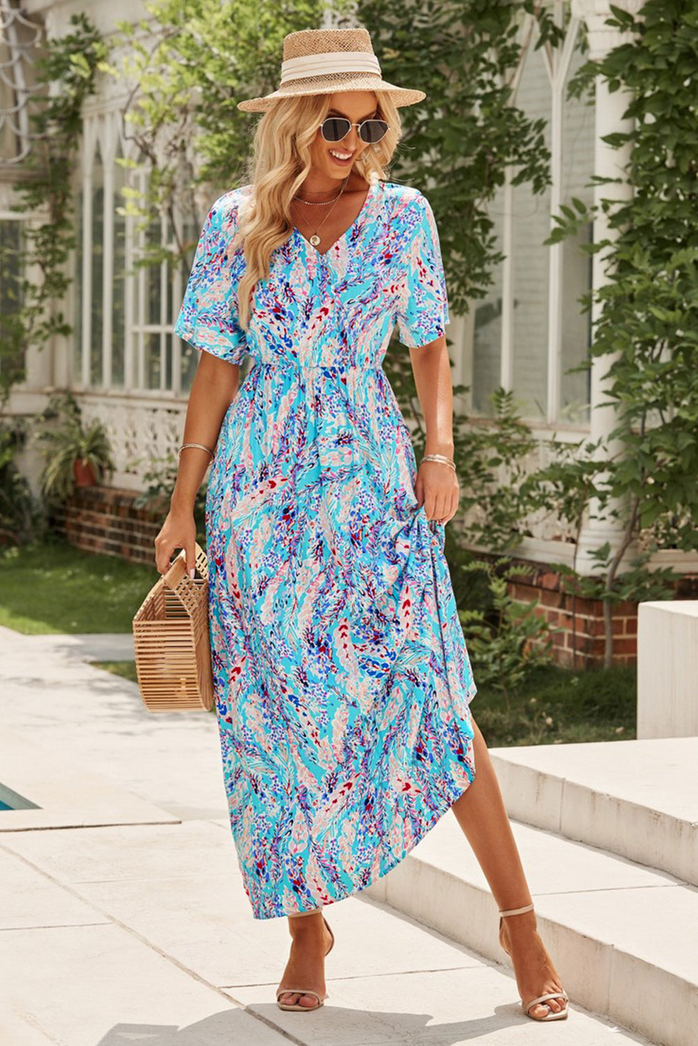 Wrap V Neck Floral Maxi Dress