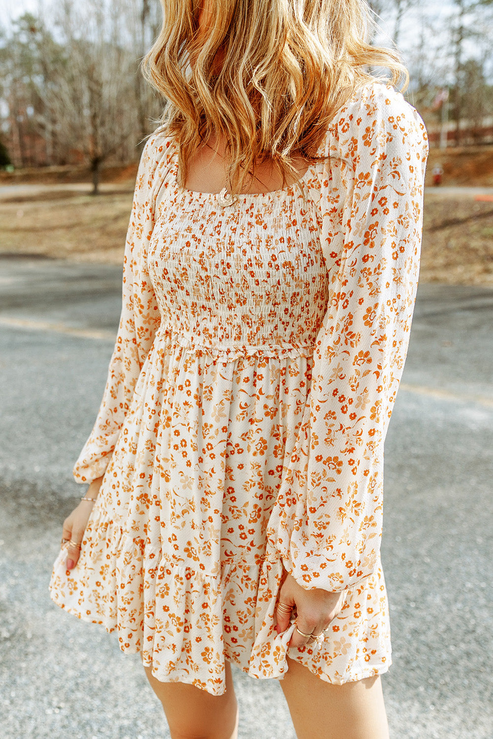 Mineral Red Boho Floral Smocked Puff Sleeve Mini Dress