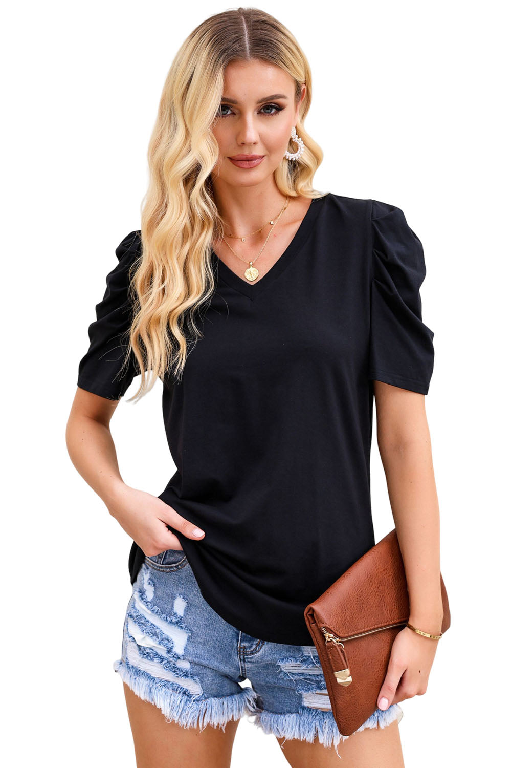 White Puff Sleeve V-Neck T-Shirt