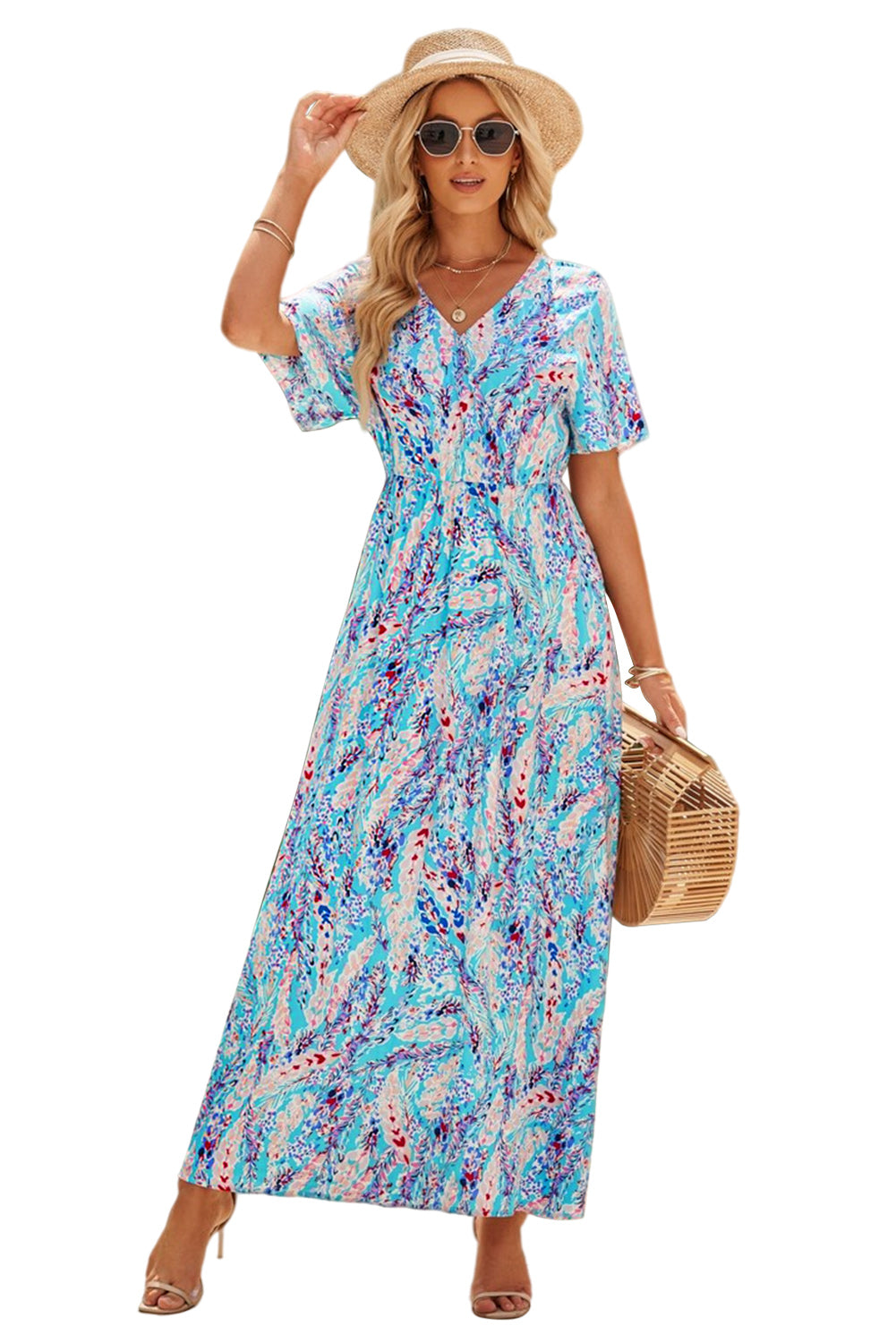 Wrap V Neck Floral Maxi Dress