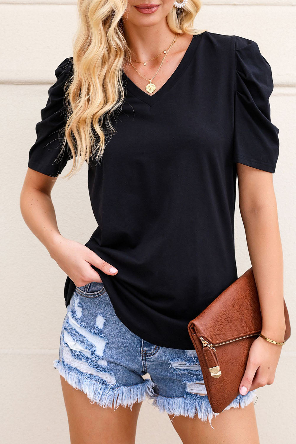 White Puff Sleeve V-Neck T-Shirt