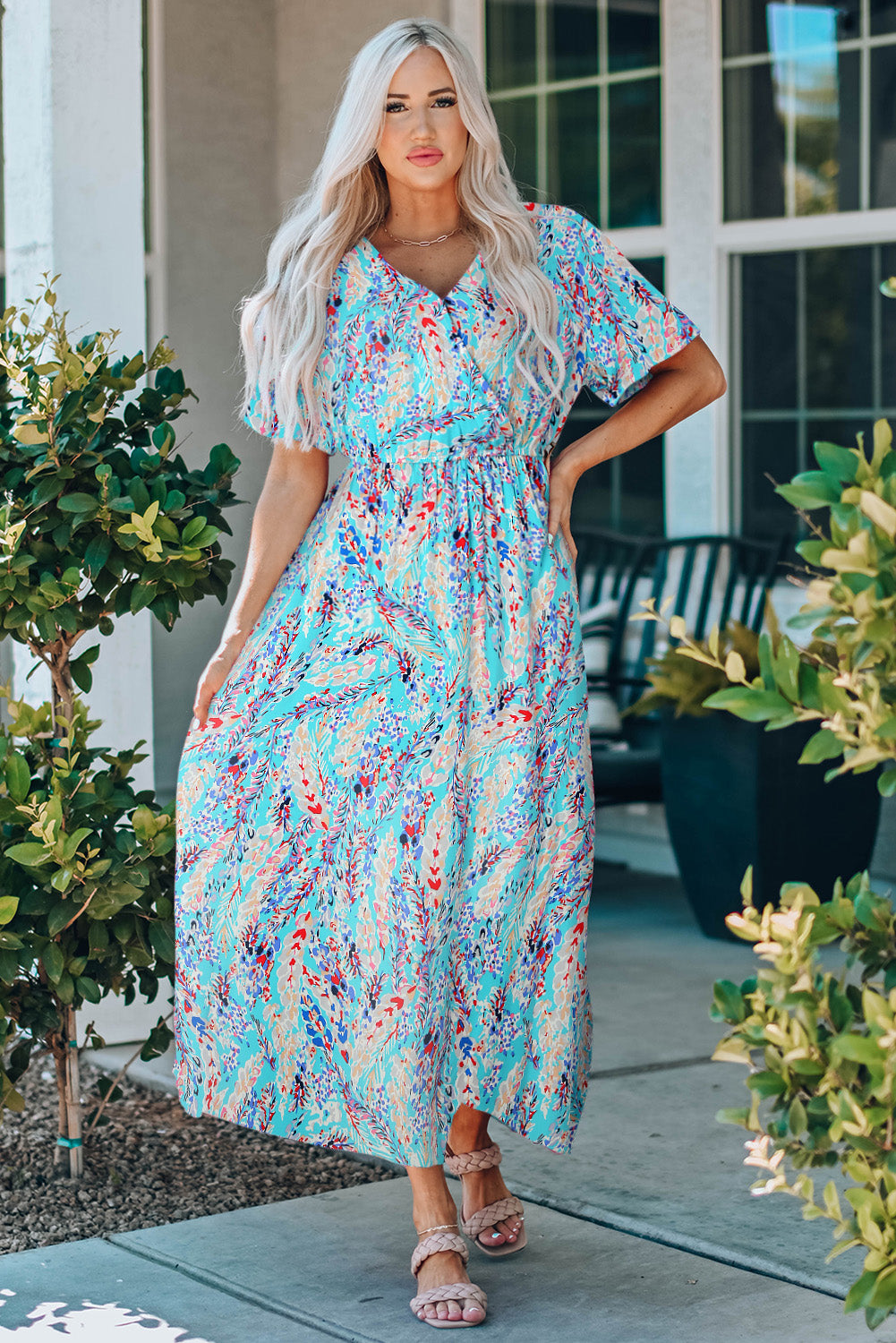 Wrap V Neck Floral Maxi Dress