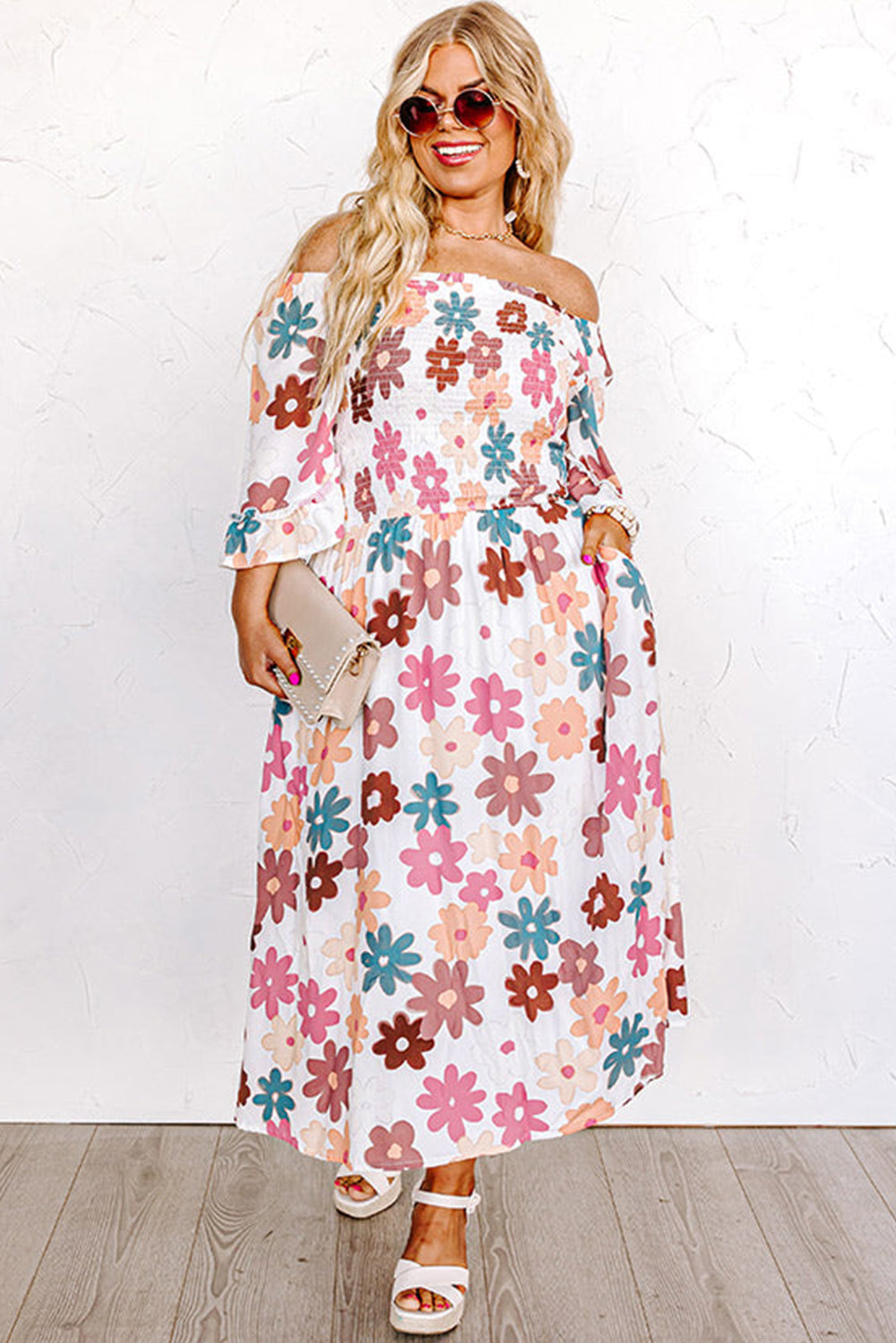 White Plus Size Flower Print Smocked Off Shoulder Dress