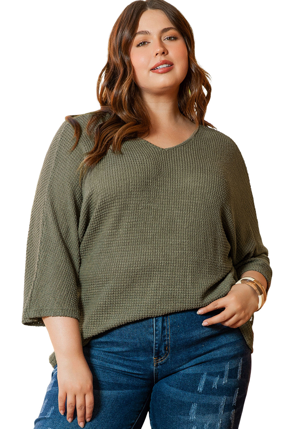 Jungle Green Plus Size V Neck Textured Knit Dolman Top