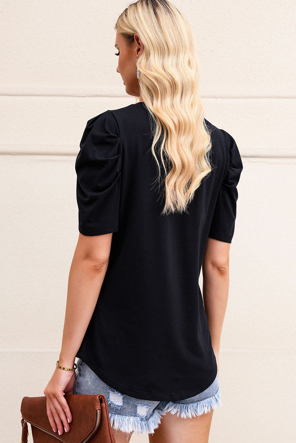 White Puff Sleeve V-Neck T-Shirt