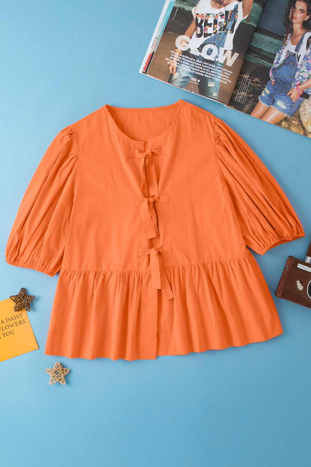 Grapefruit Orange Knotted Puff Short Sleeve Peplum Blouse