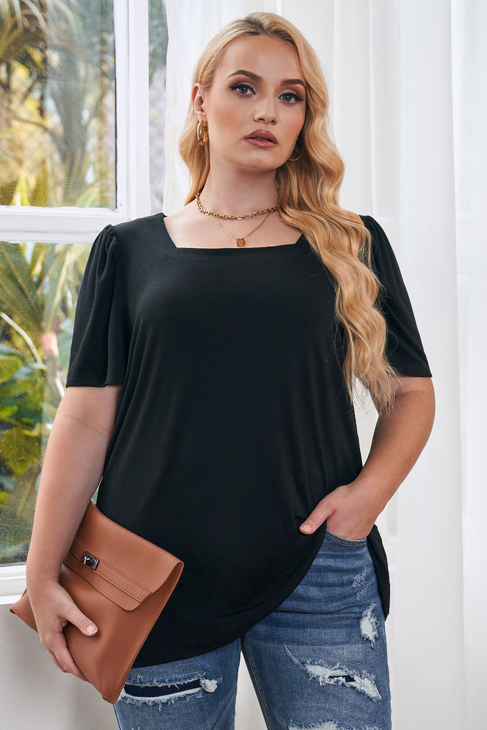 Black Plus Size Square Neck Ruched Shoulder Short Sleeve Top