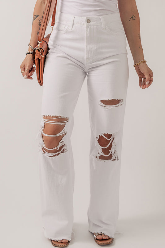 Bright White Heavy Distressed Straight Leg Jeans