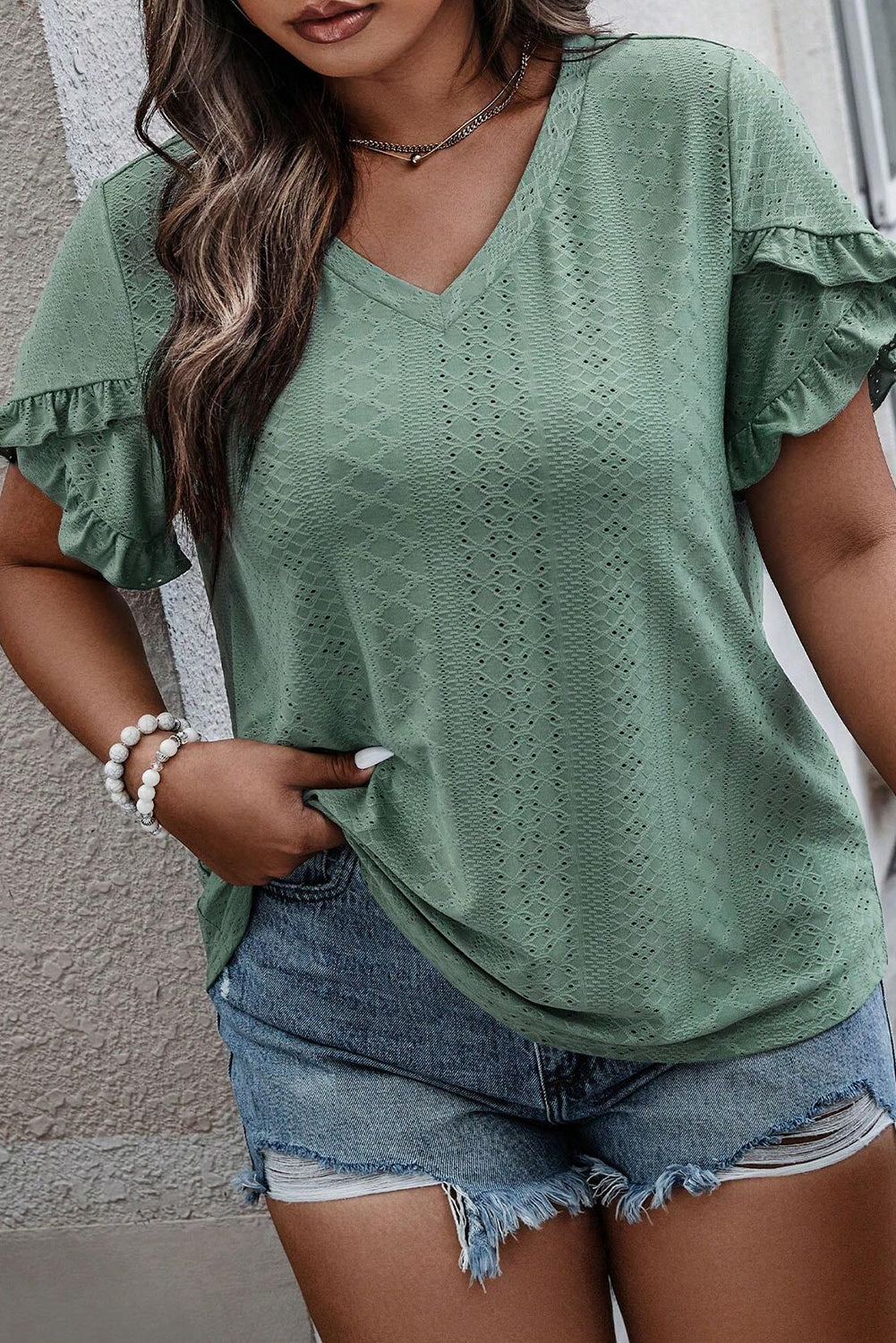 Laurel Green Petal Sleeve Jacquard V Neck Curvy Blouse