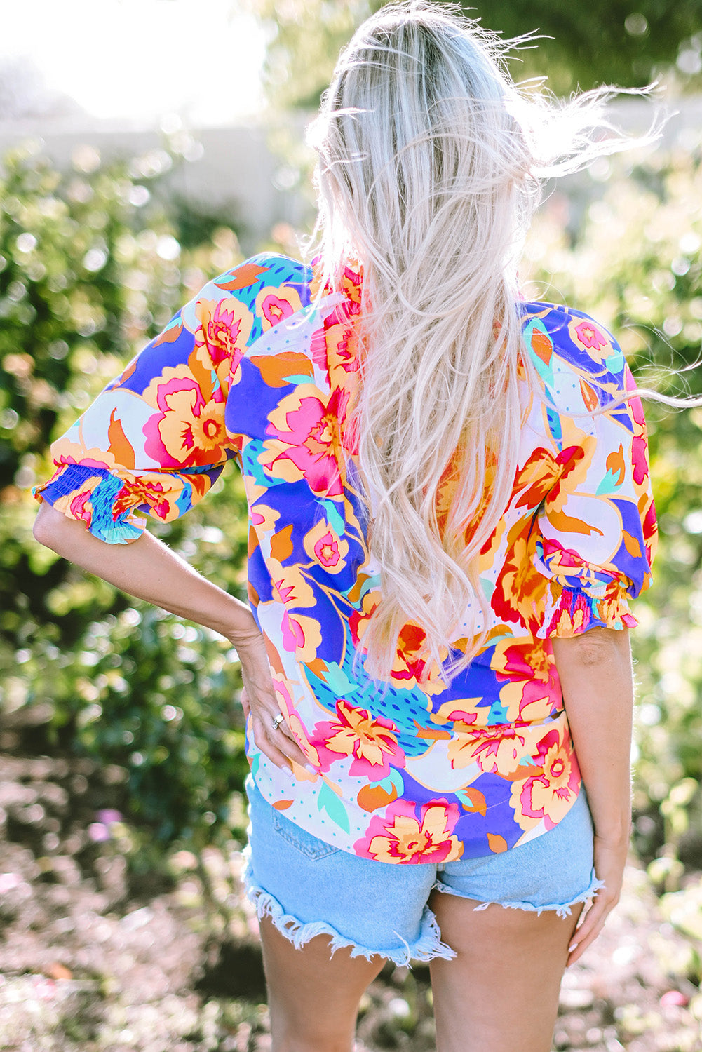 Rose Red Floral Split Neck Frilled Bubble Sleeve Blouse