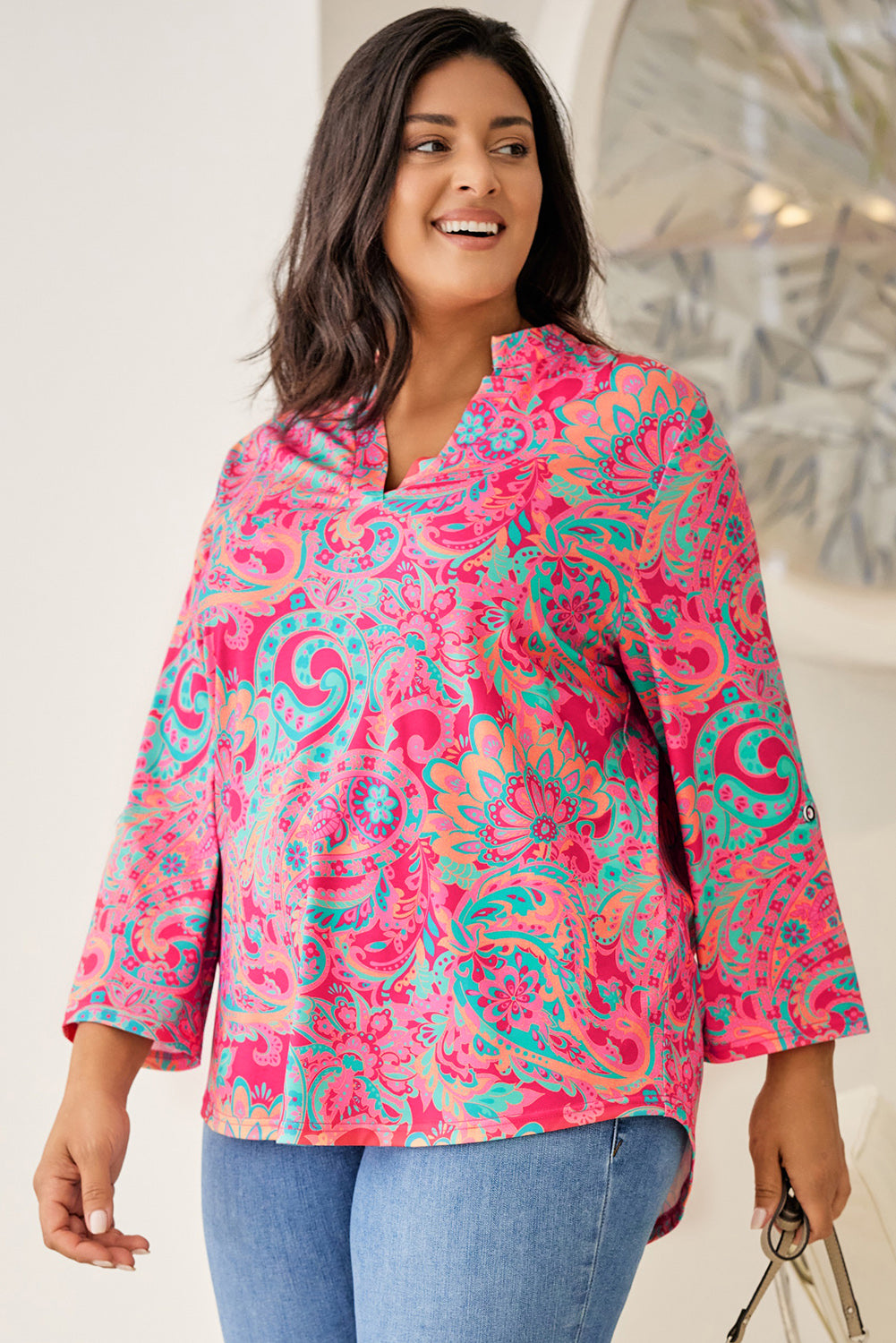 Rose Plus Size Paisley Print V Neck Roll Tab Sleeve Blouse