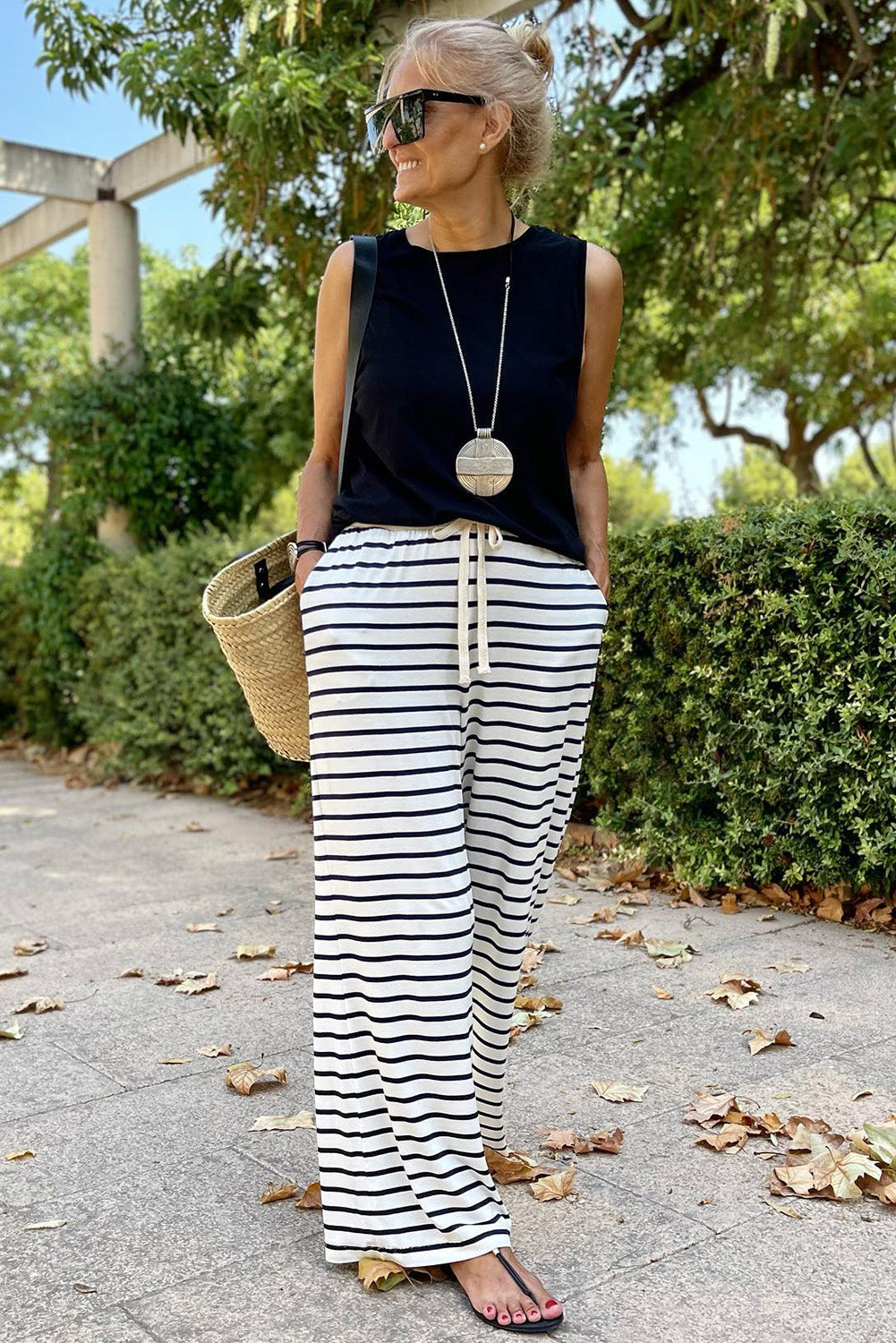 White Drawstring Striped Wide Leg Pants