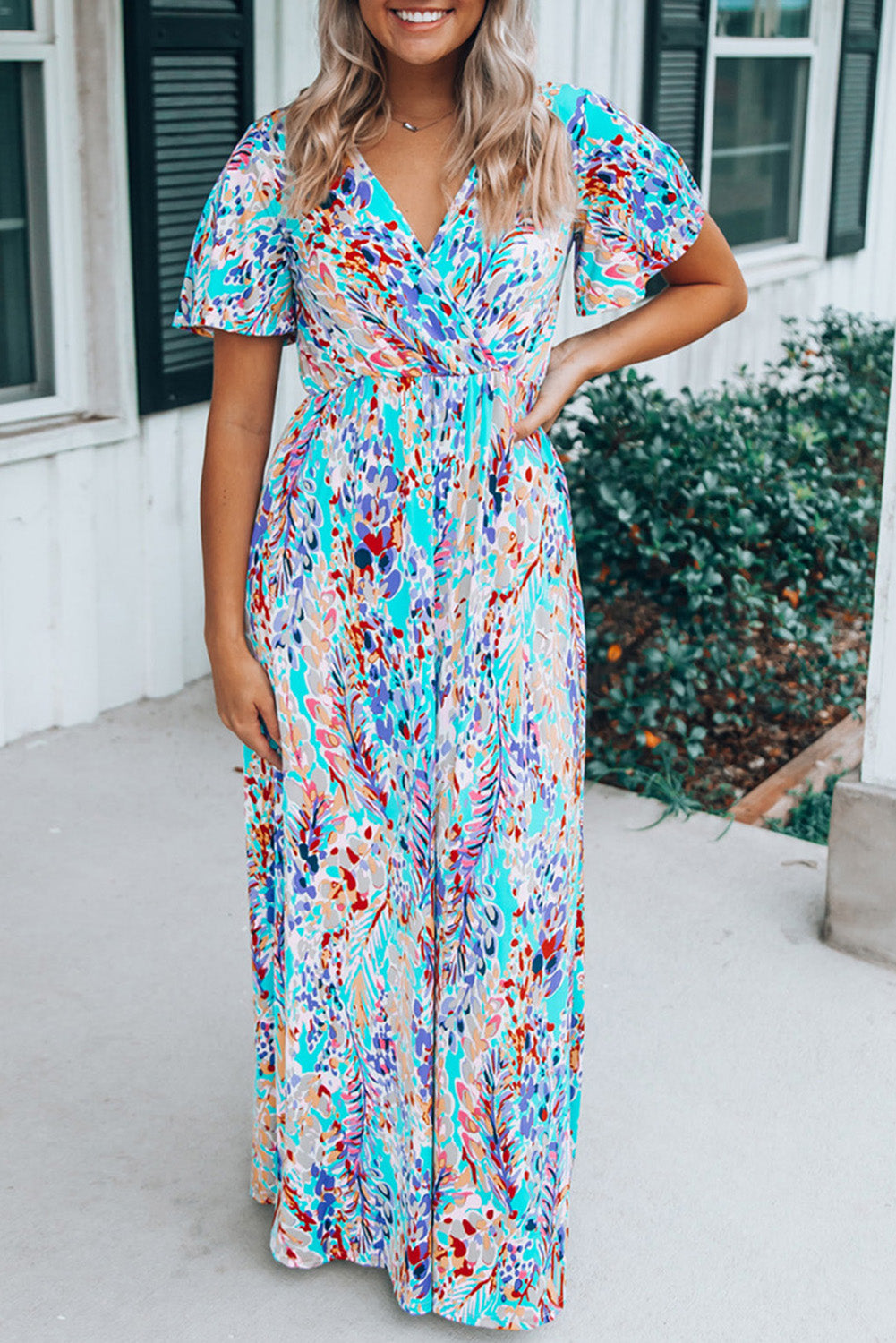 Wrap V Neck Floral Maxi Dress