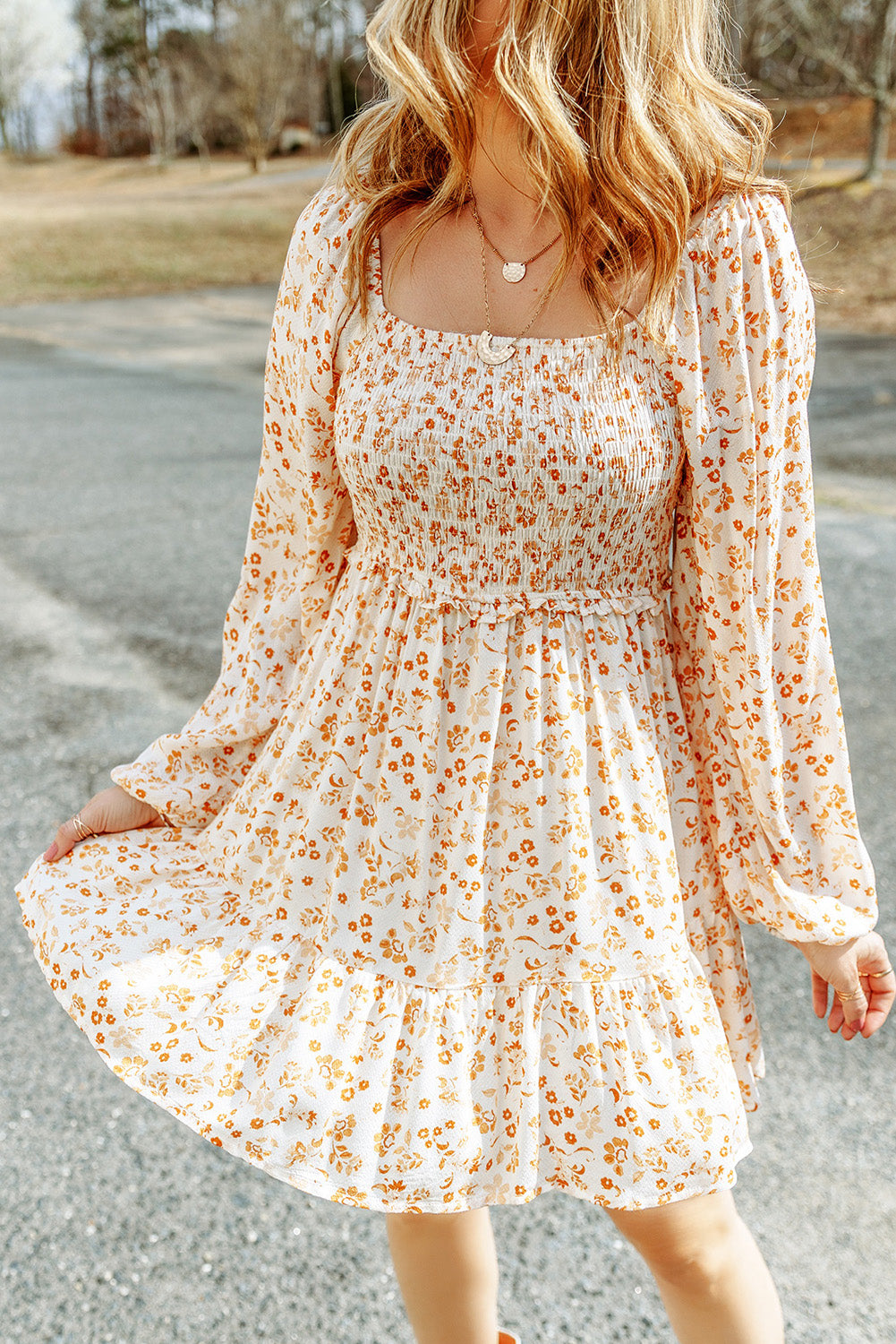 Mineral Red Boho Floral Smocked Puff Sleeve Mini Dress