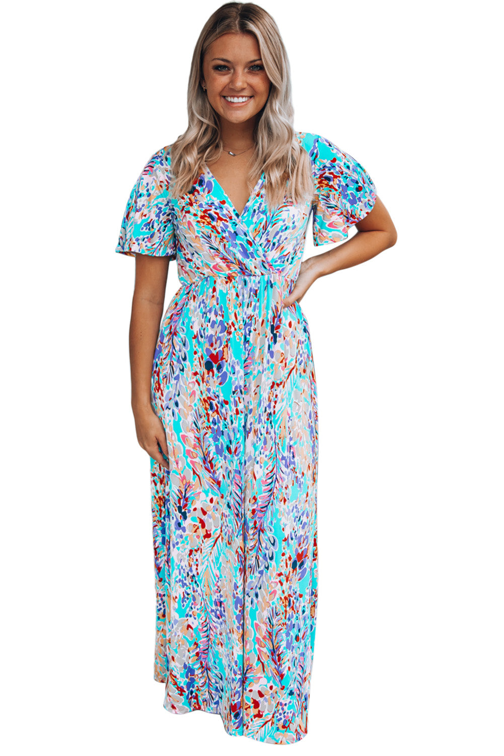 Wrap V Neck Floral Maxi Dress