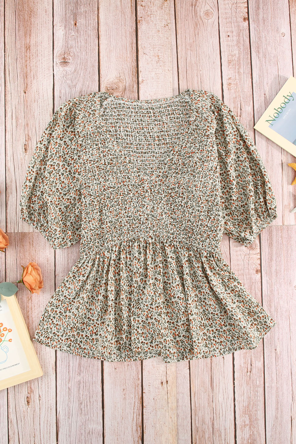 Green Puff Sleeve Smocked Top