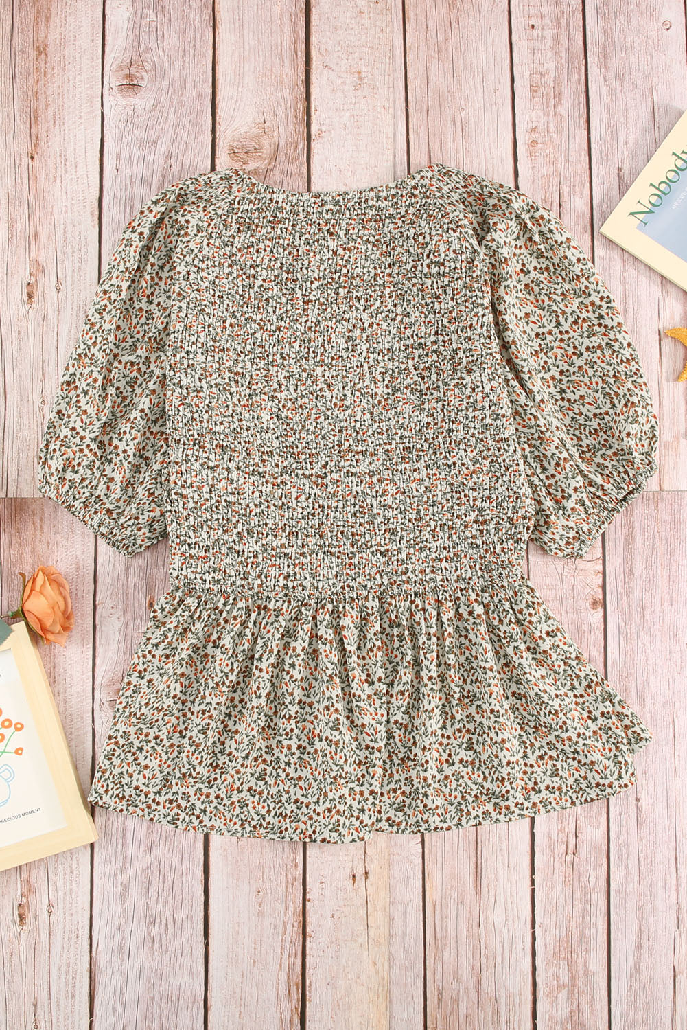 Green Puff Sleeve Smocked Top