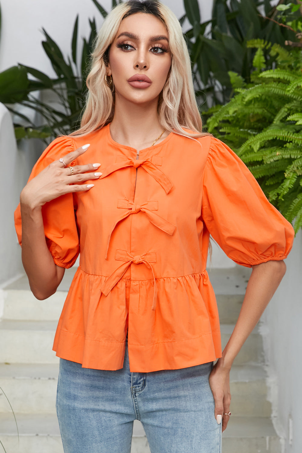 Grapefruit Orange Knotted Puff Short Sleeve Peplum Blouse