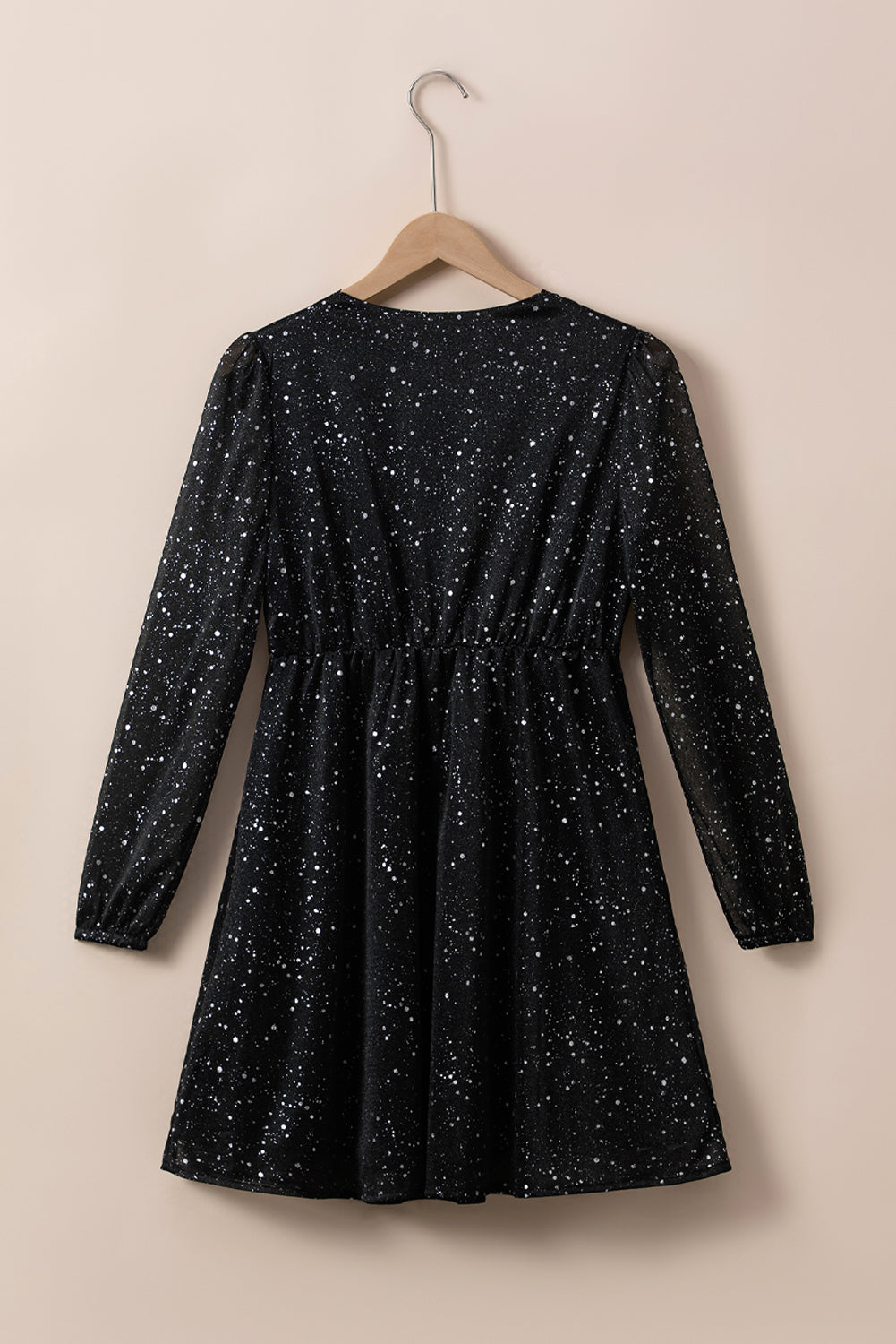 Black Glitter Mesh Overlay V Neck Long Sleeve Dress