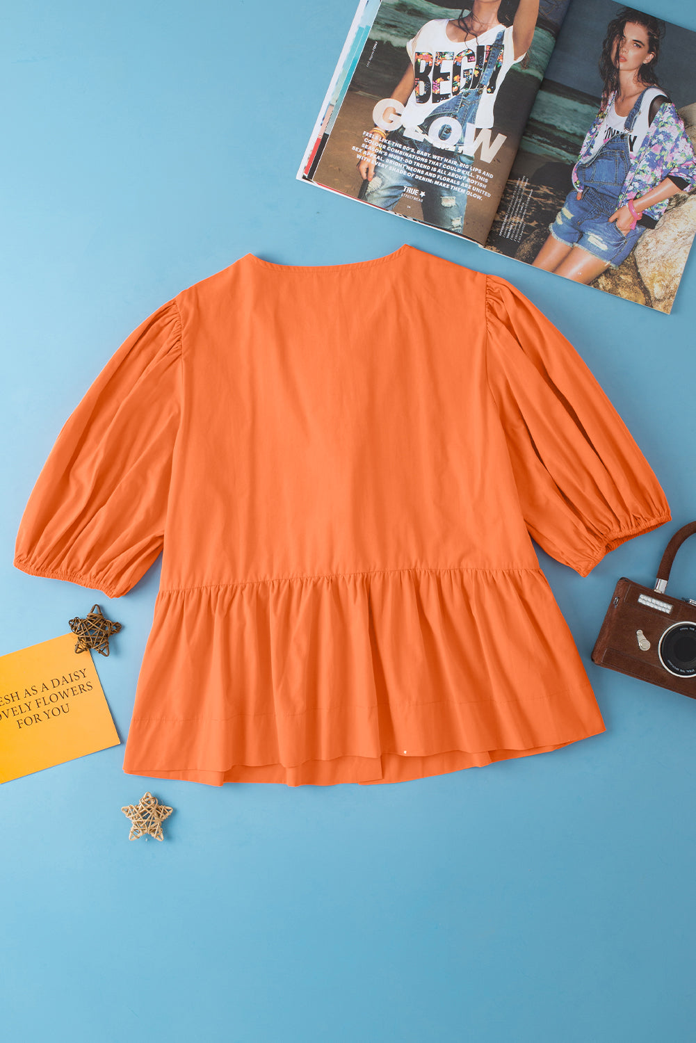 Grapefruit Orange Knotted Puff Short Sleeve Peplum Blouse