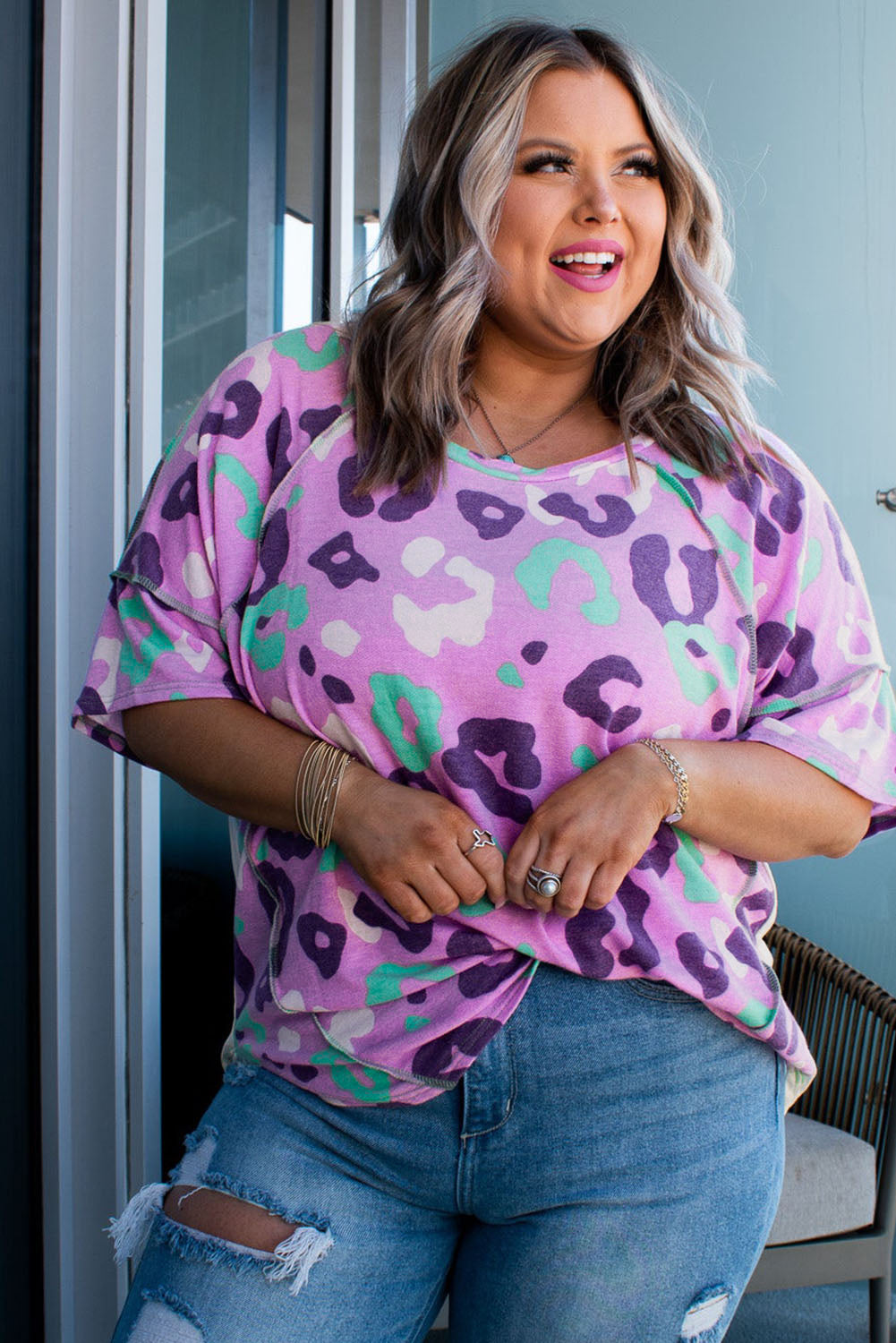 Purple Leopard Kiss Print Plus Size Short Sleeve Tee