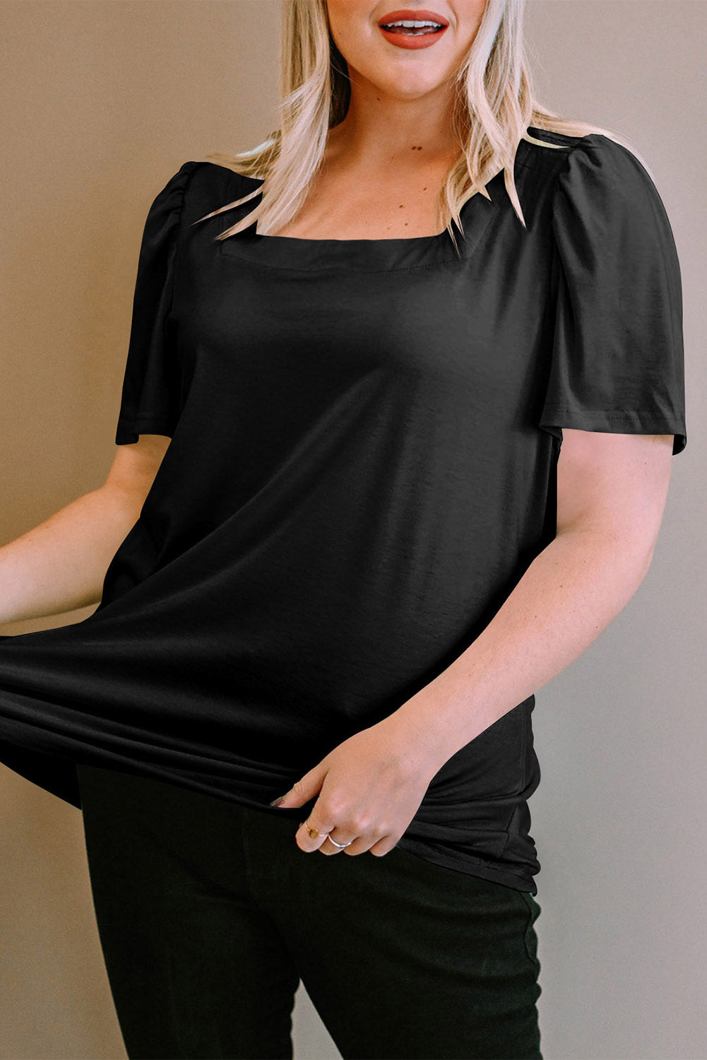 Black Plus Size Square Neck Ruched Shoulder Short Sleeve Top