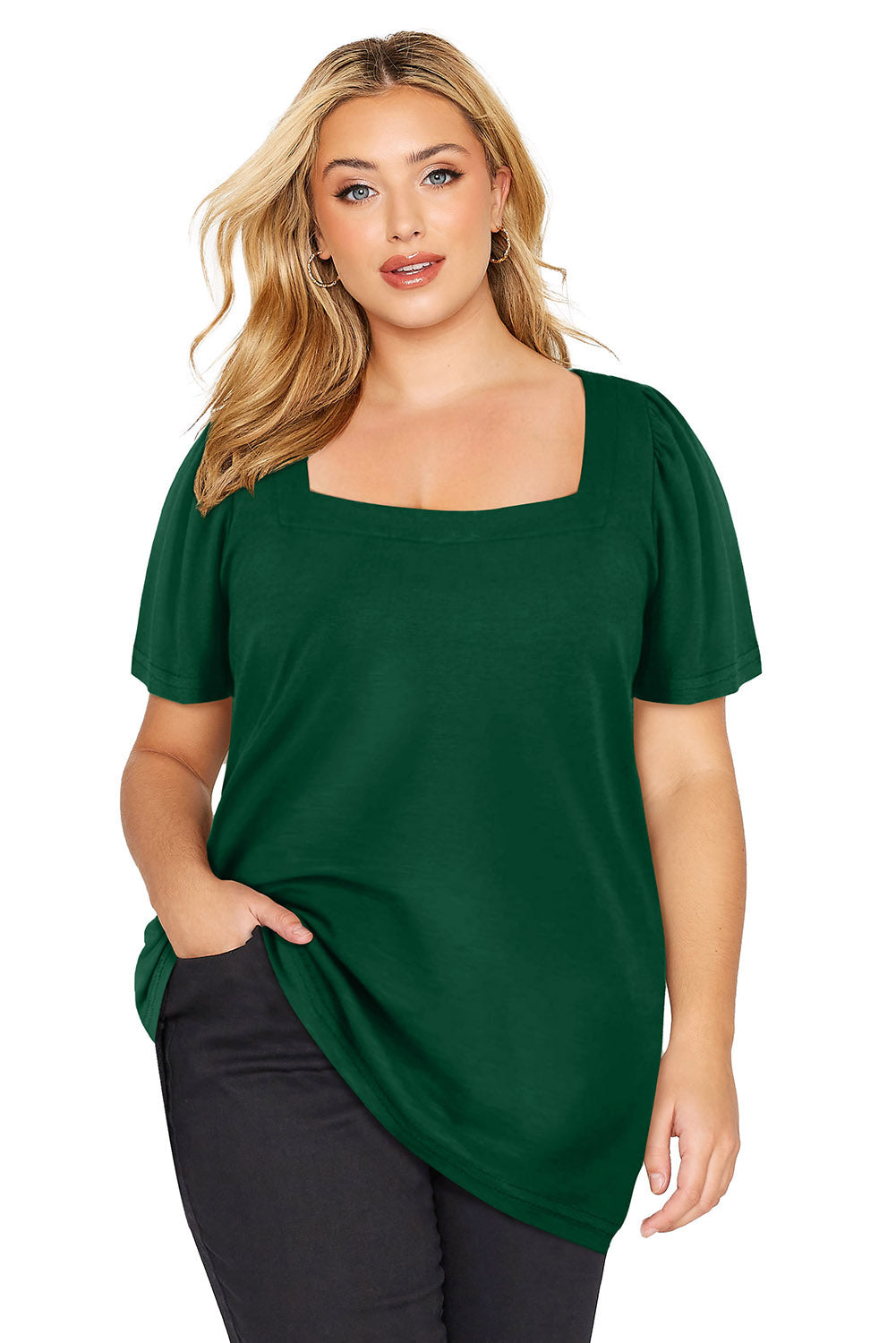 Black Plus Size Square Neck Ruched Shoulder Short Sleeve Top