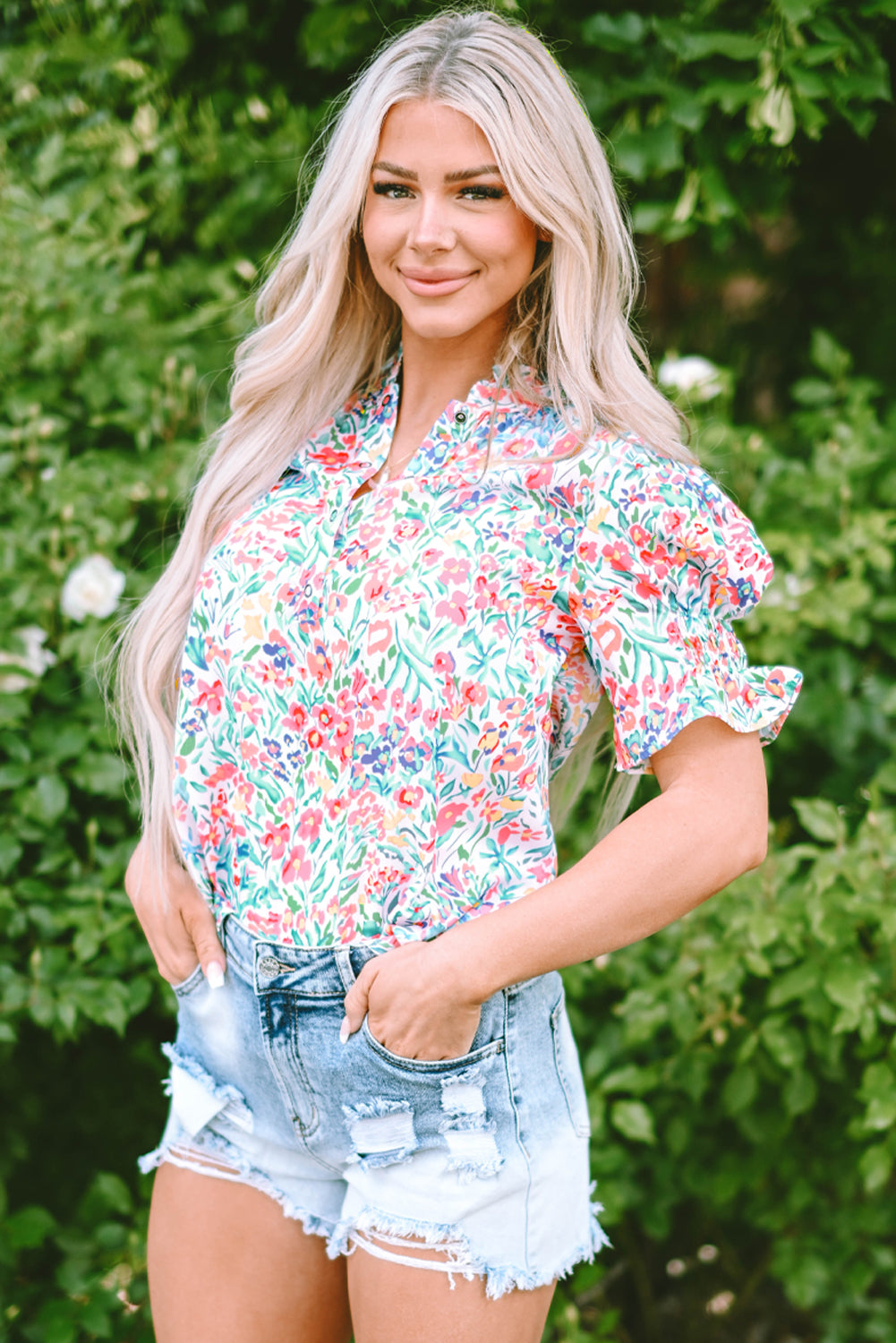 Pink Floral Print Button Split Neck Puff Sleeve Blouse