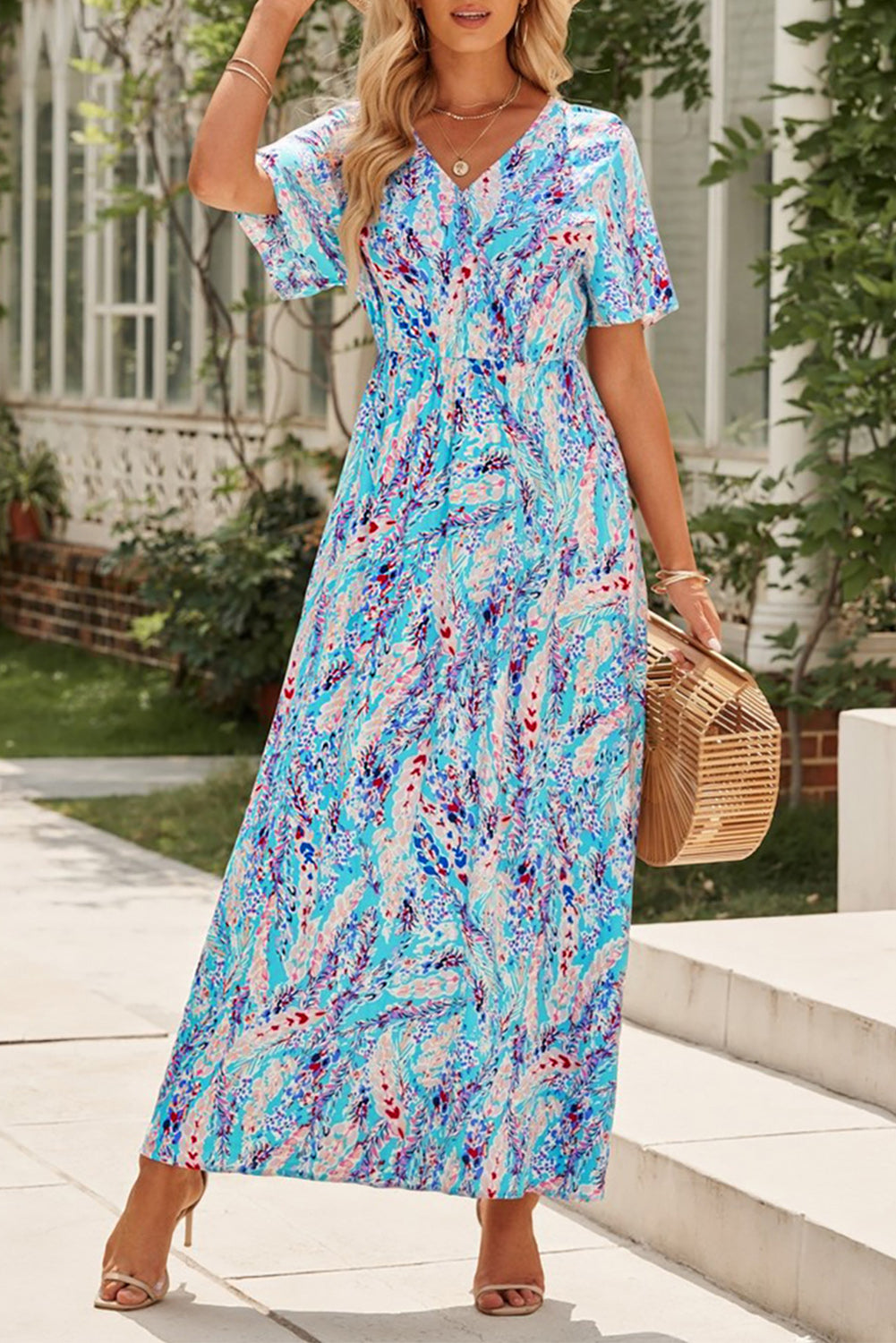 Wrap V Neck Floral Maxi Dress