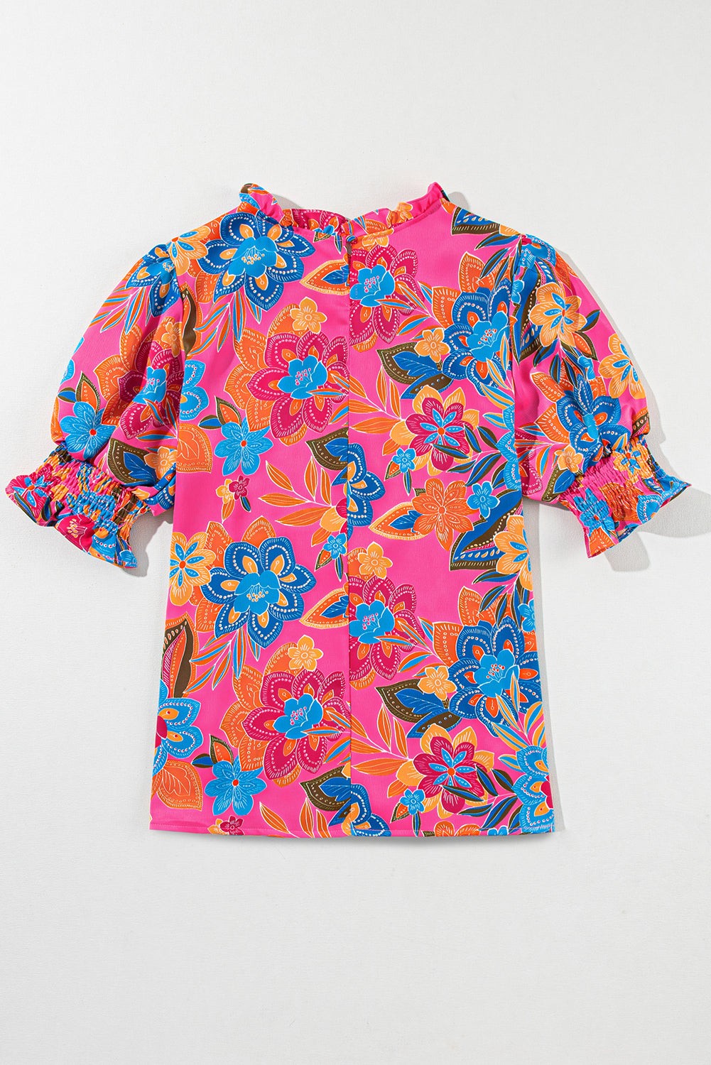 Rose Frilly Mock Neck Short Puff Sleeve Floral Blouse