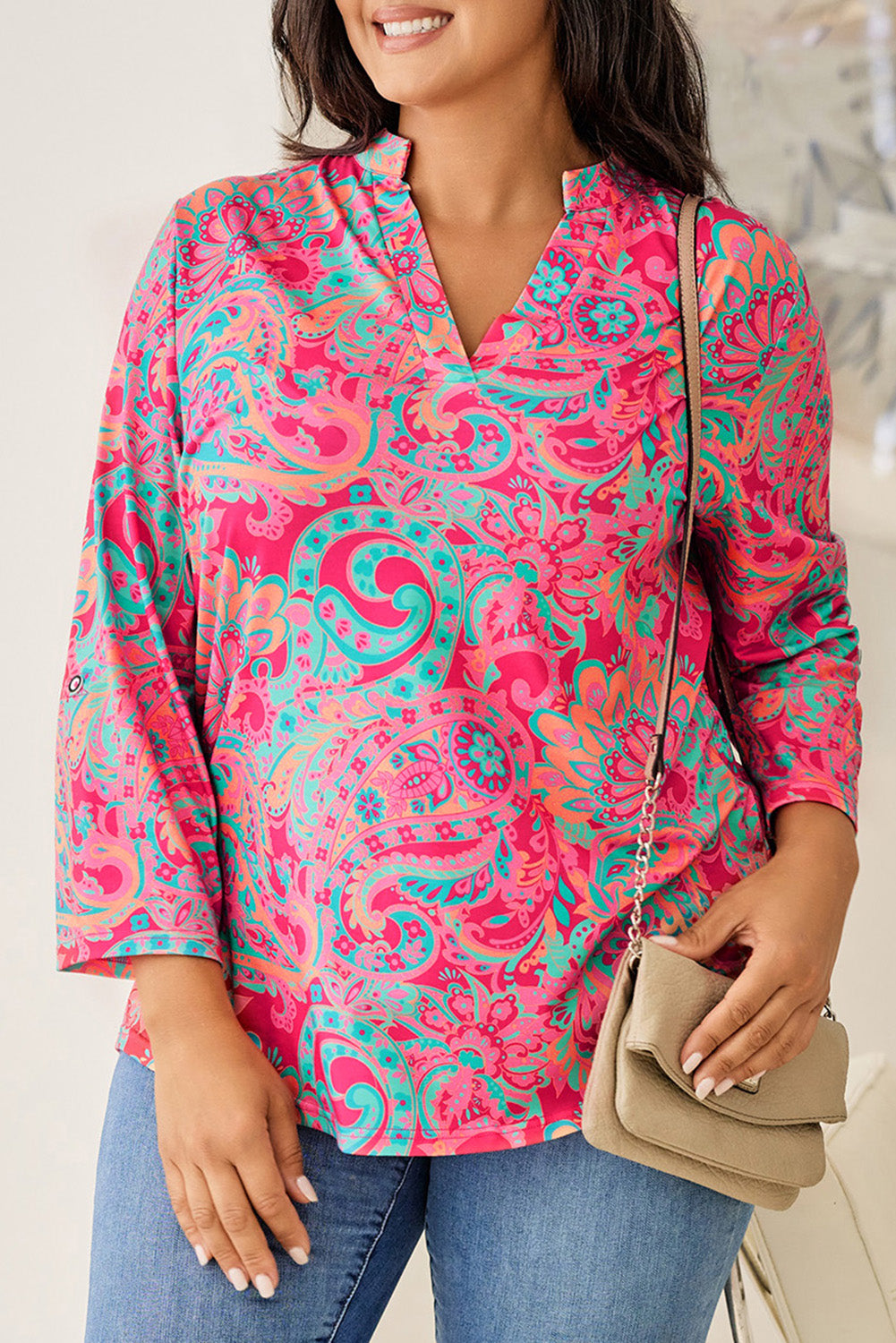 Rose Plus Size Paisley Print V Neck Roll Tab Sleeve Blouse