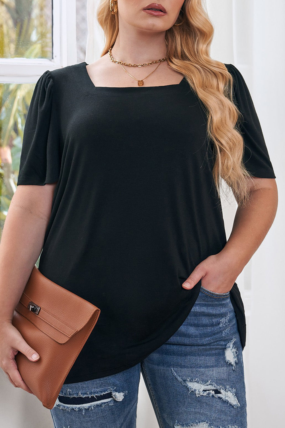 Black Plus Size Square Neck Ruched Shoulder Short Sleeve Top