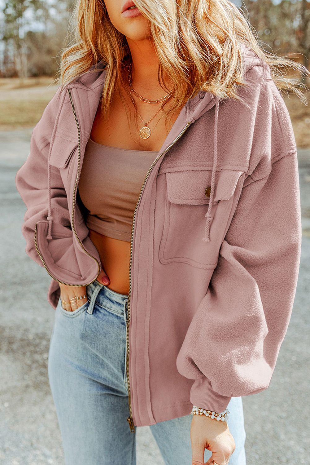 Pink Flap Pocket Drawstring Hood Zip Up Jacket