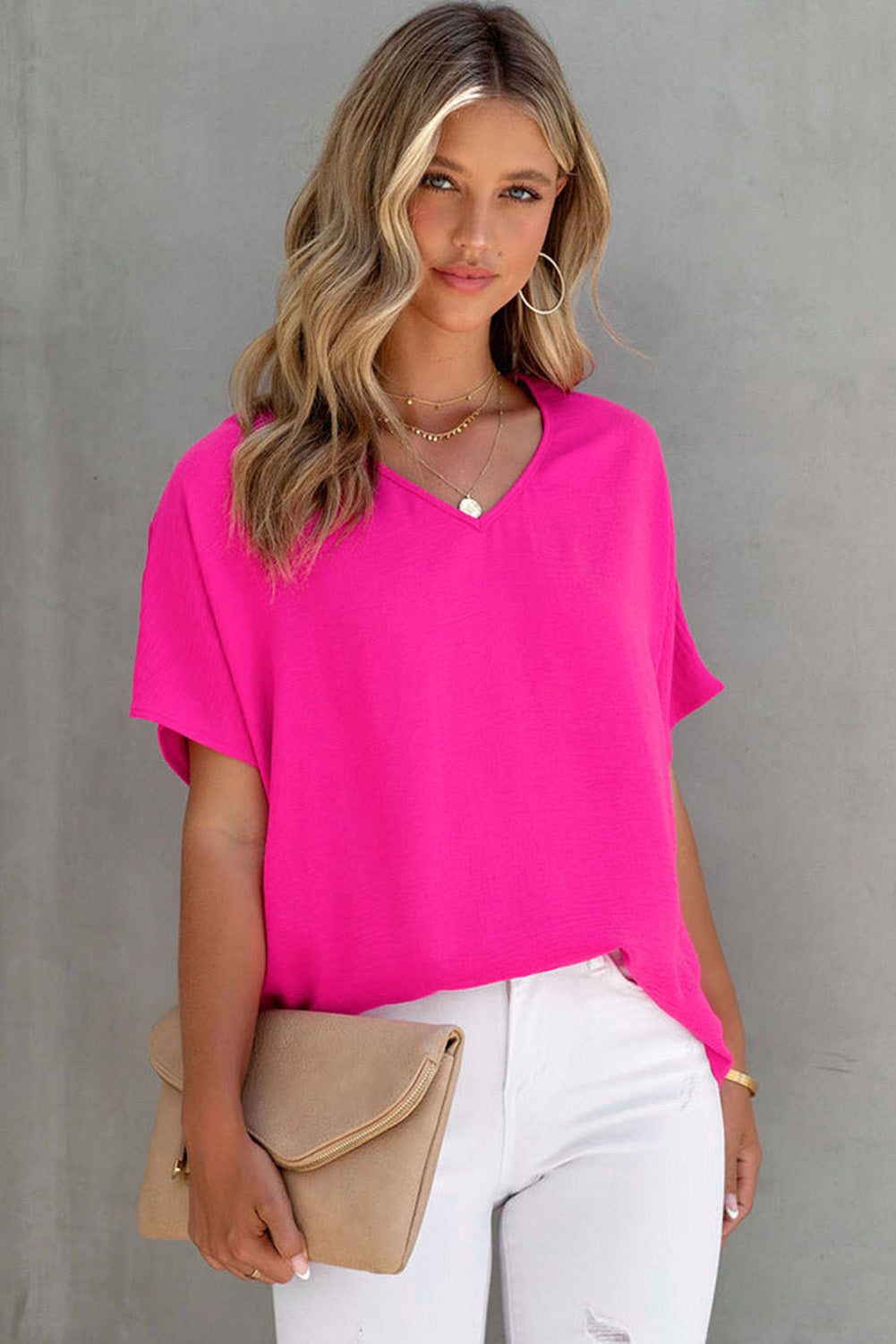 Rose Solid V Neck Short Sleeve Blouse