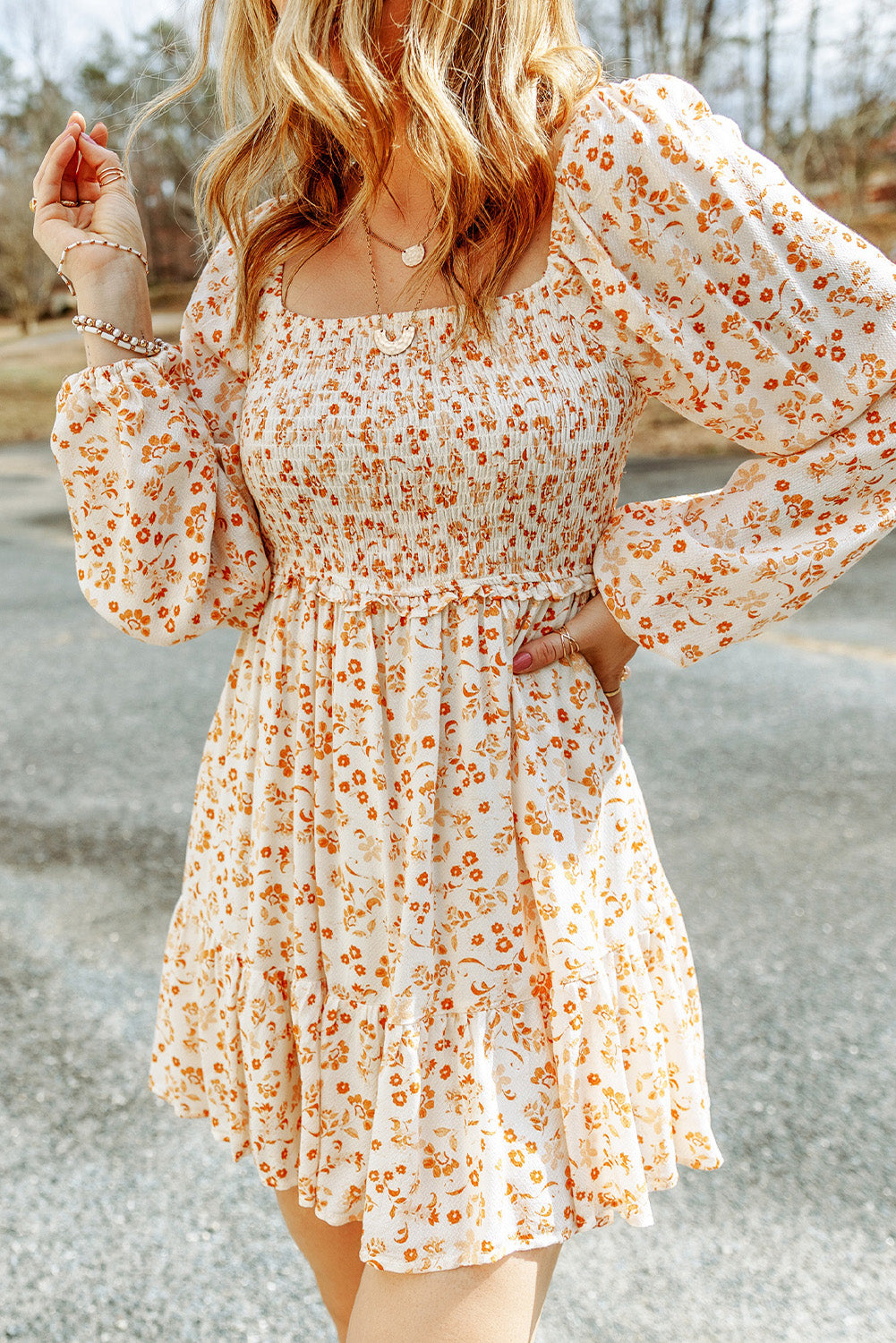 Mineral Red Boho Floral Smocked Puff Sleeve Mini Dress