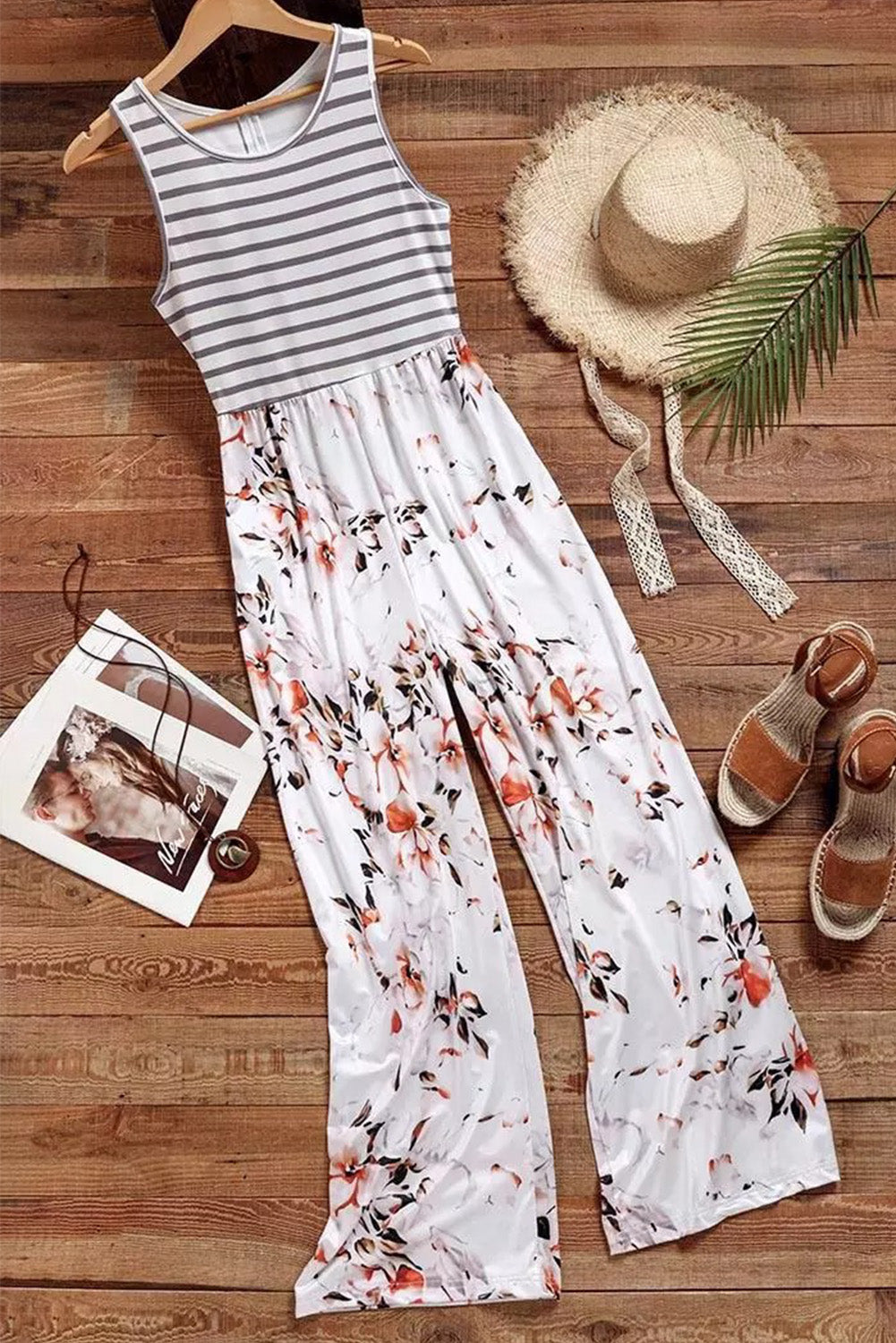 White Striped Floral Pocket Sleeveless Jumpsuit