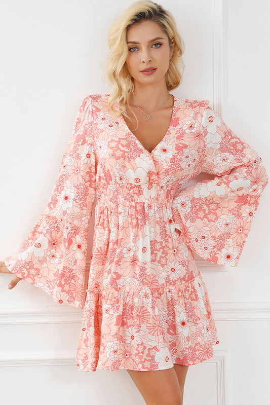 Floral Smocked High Waist Bell Sleeve Mini Dress