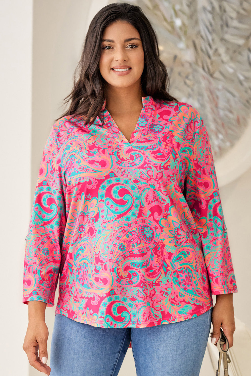 Rose Plus Size Paisley Print V Neck Roll Tab Sleeve Blouse