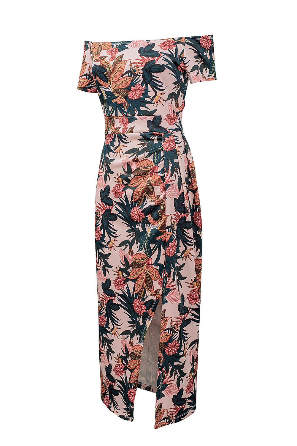 Pink Floral Print Off Shoulder Slit Bodycon Midi Dress