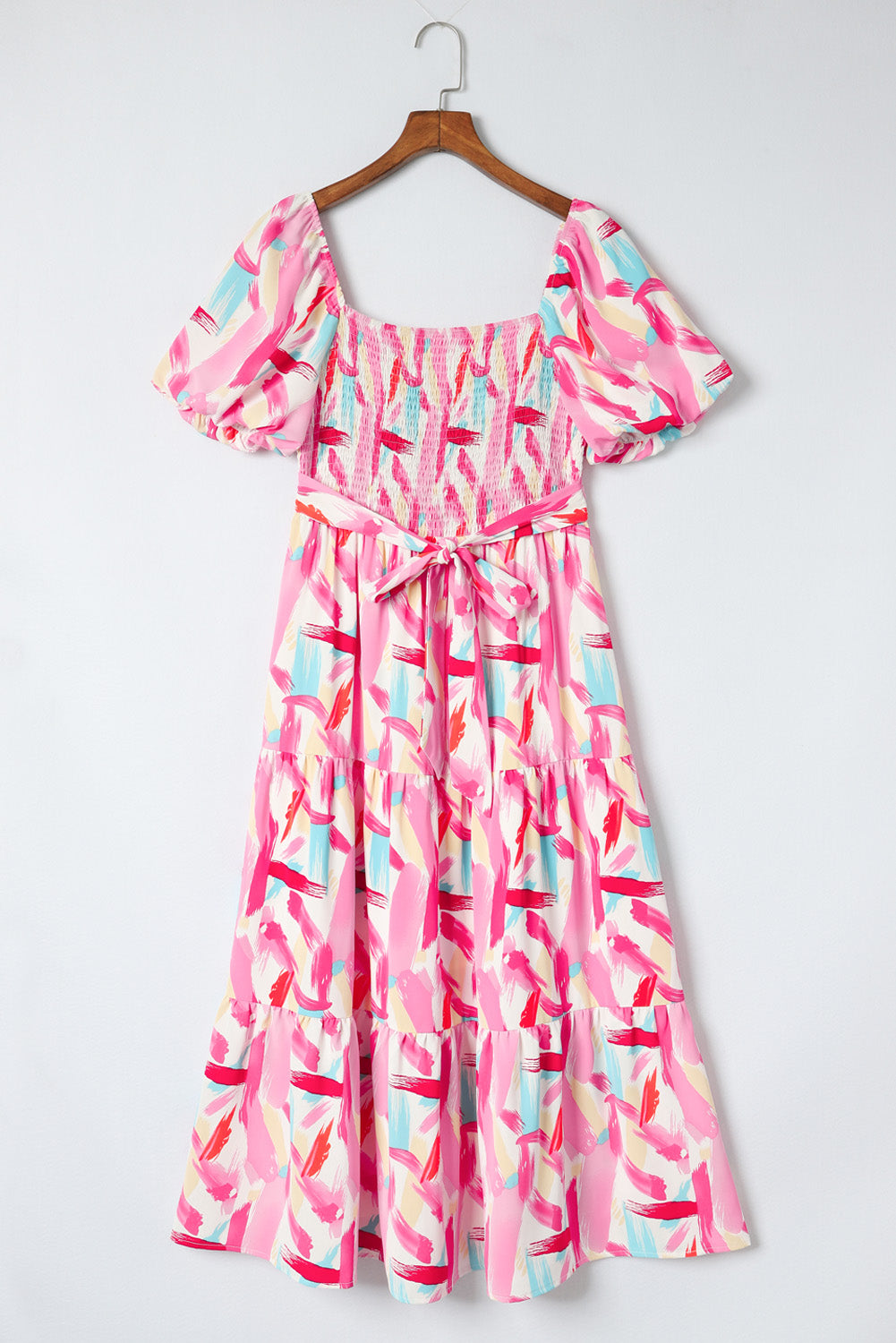 Pink Brush Stroke Printed Smocked Ruffle Tiered Dress