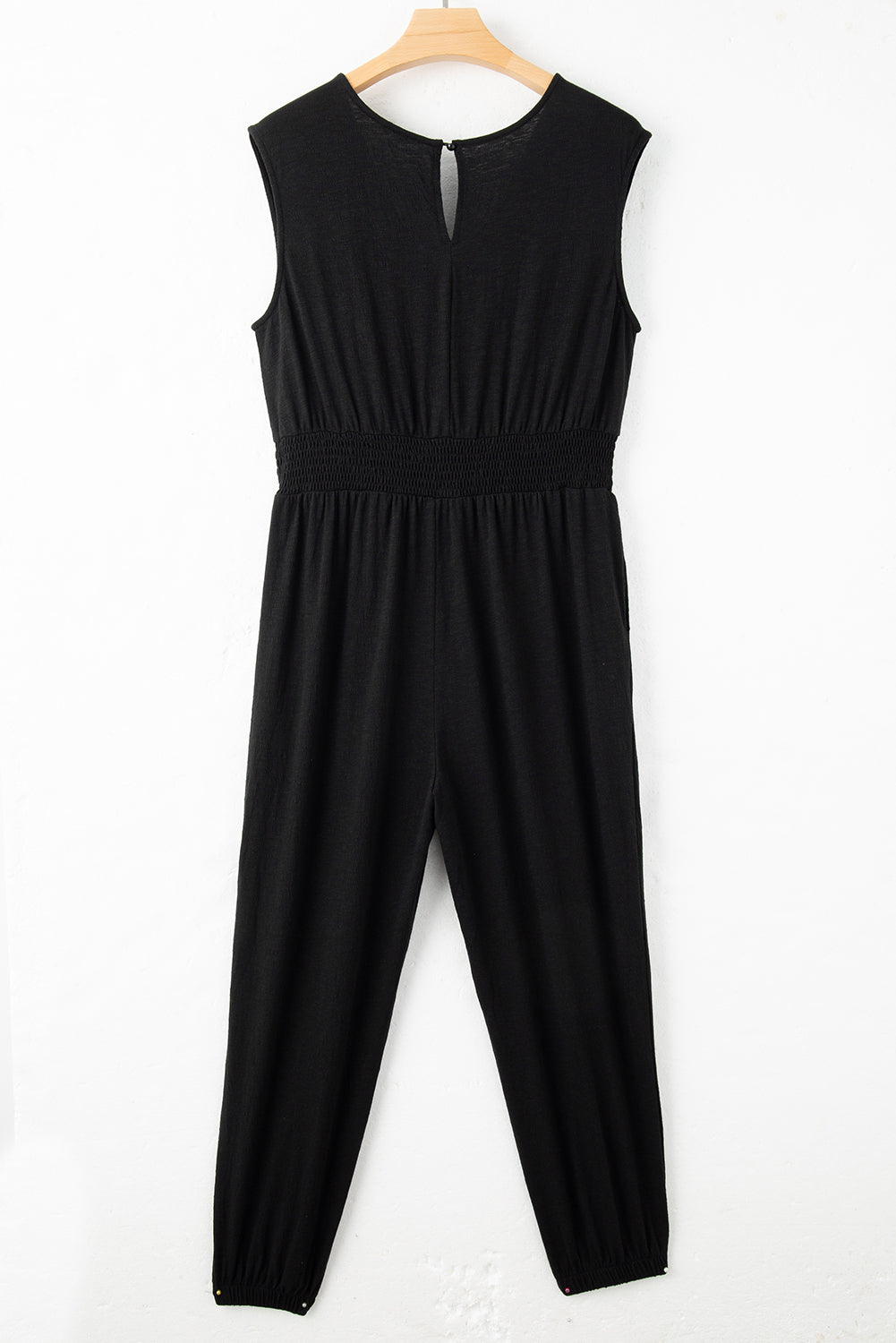 Black Plus Smocked High Waist Sleeveless V Neck Jumpsuit