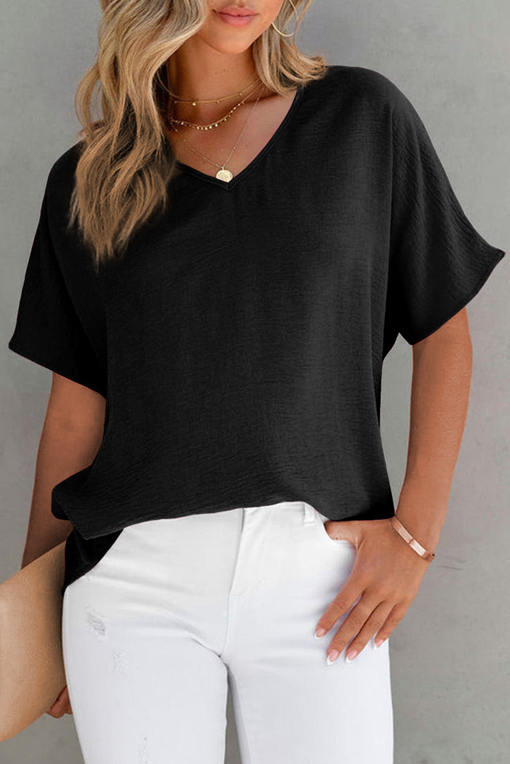 Rose Solid V Neck Short Sleeve Blouse