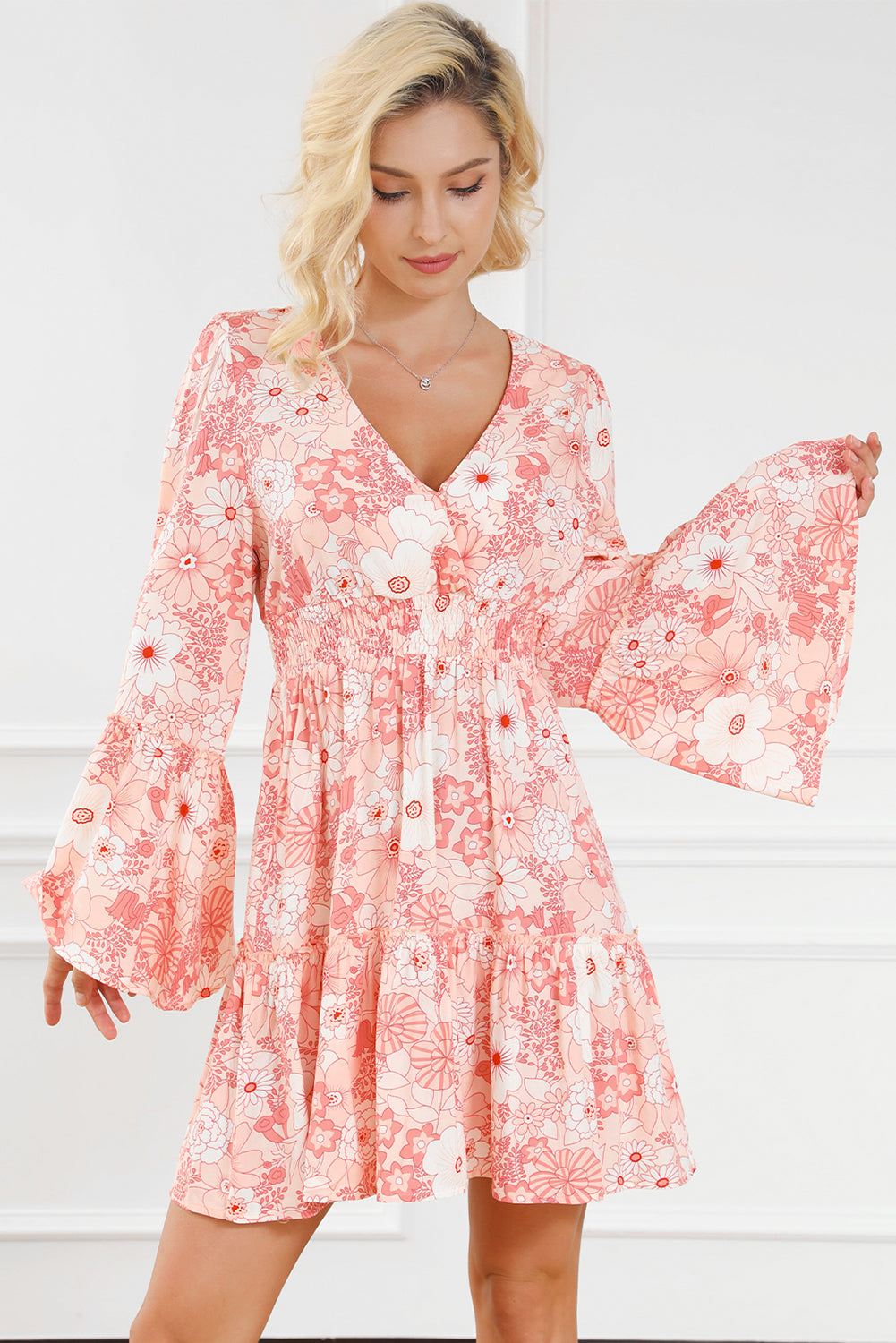 Floral Smocked High Waist Bell Sleeve Mini Dress