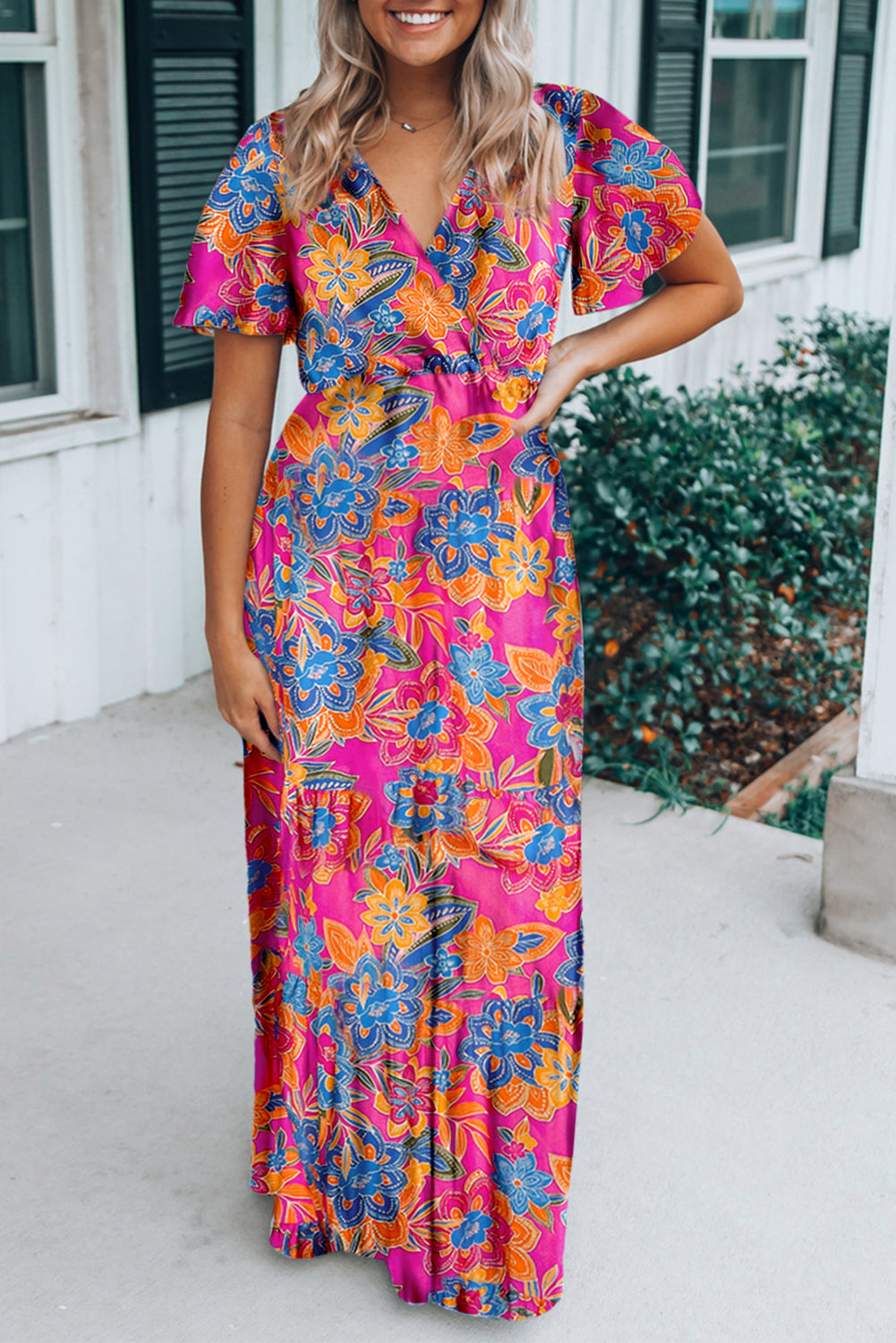 Wrap V Neck Floral Maxi Dress