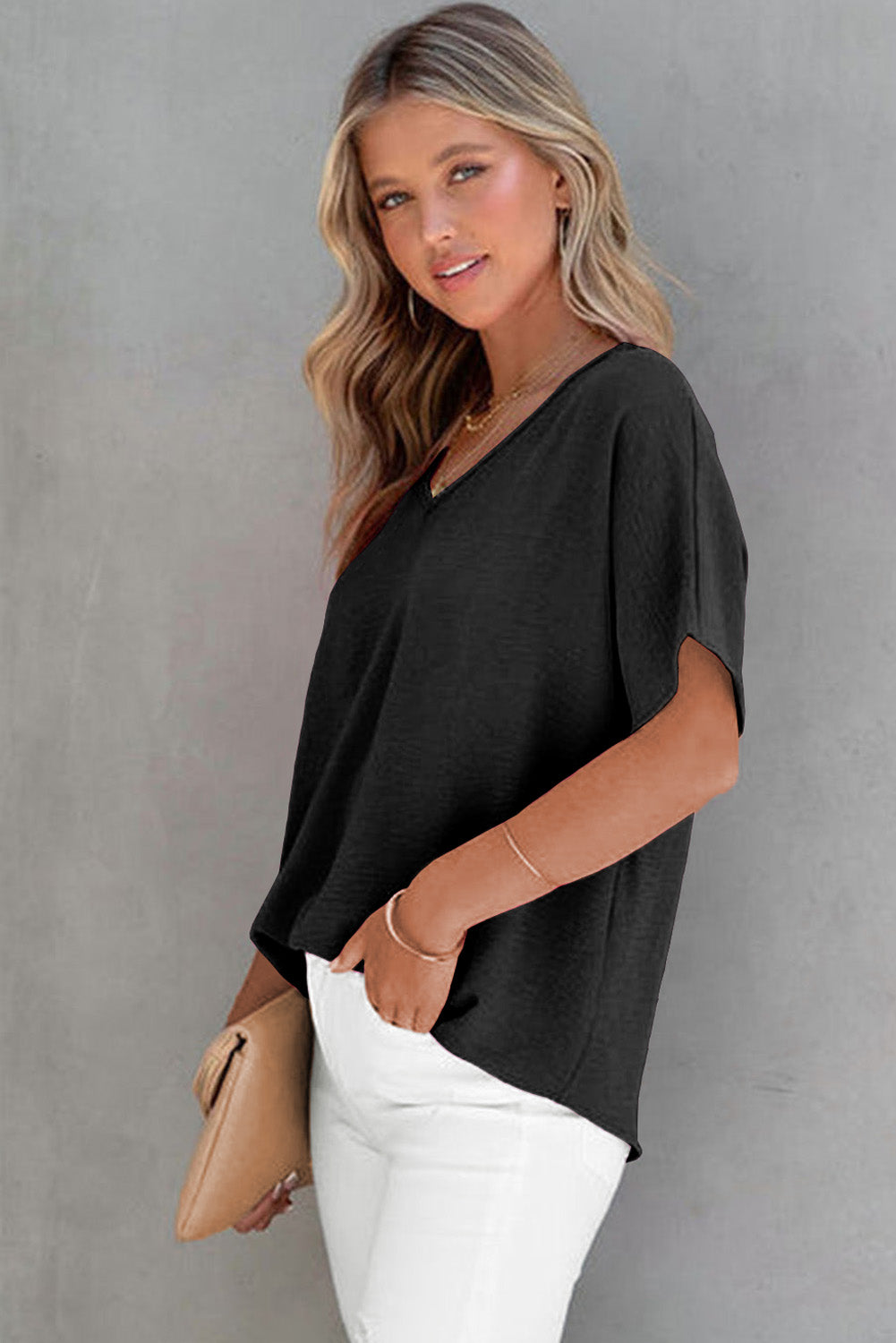 Rose Solid V Neck Short Sleeve Blouse