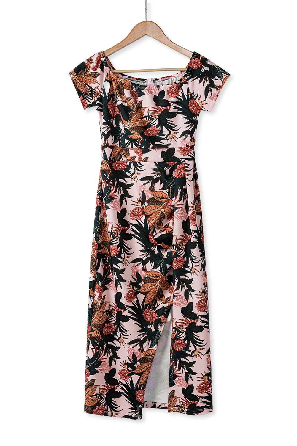 Pink Floral Print Off Shoulder Slit Bodycon Midi Dress