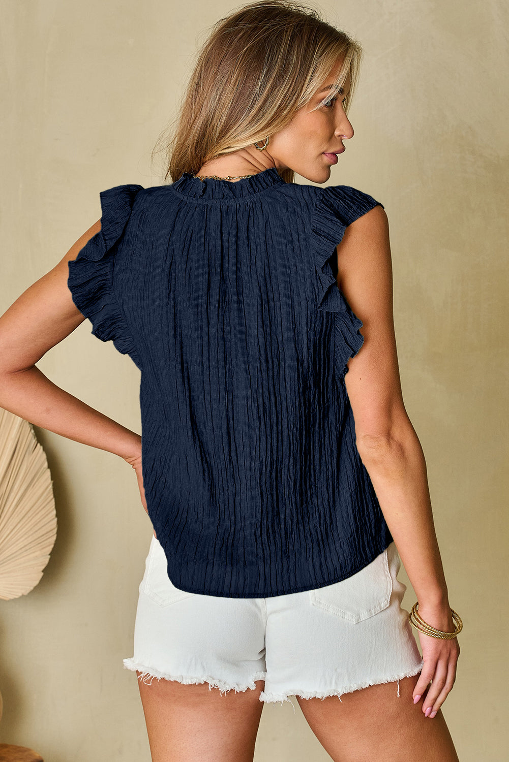 Navy Blue V Neck Flutter Sleeve Textured Blouse